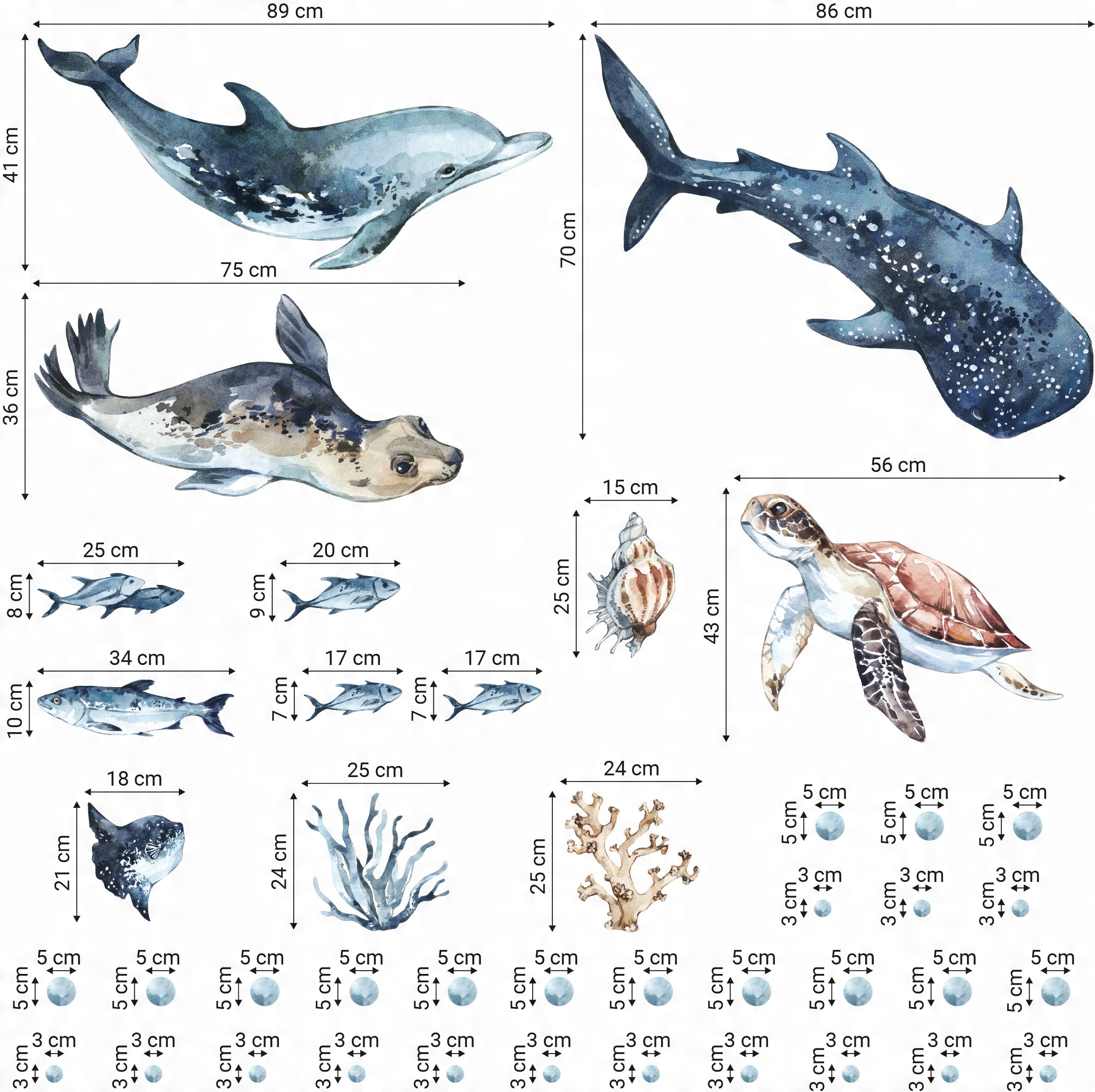 Sea Animals Variety Decal Set - Ocean Theme - Watercolour effect Dolphin, Shark, Turtle & Seal + more - Clickwalls