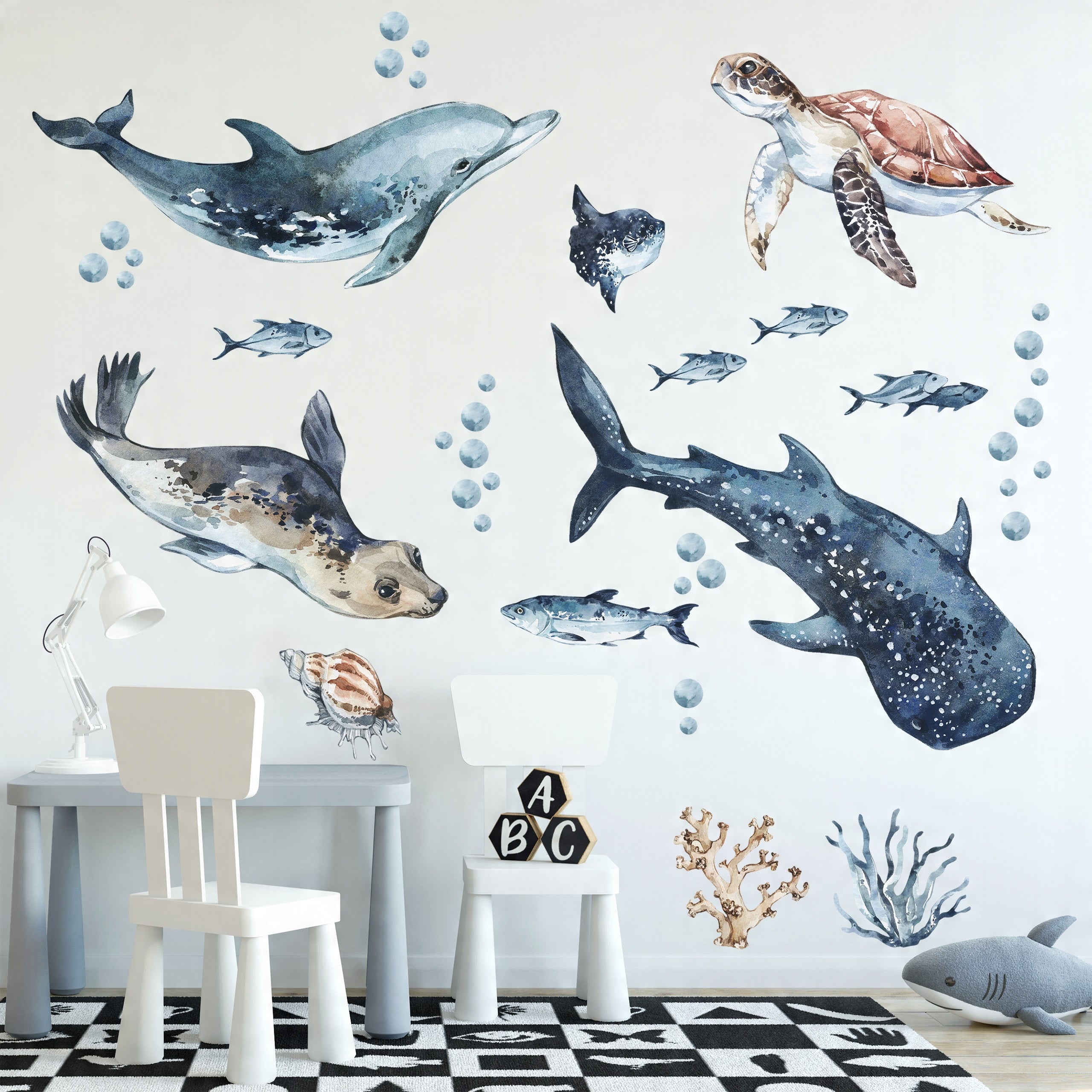 Sea Animals Variety Decal Set - Ocean Theme - Watercolour effect Dolphin, Shark, Turtle & Seal + more - Clickwalls