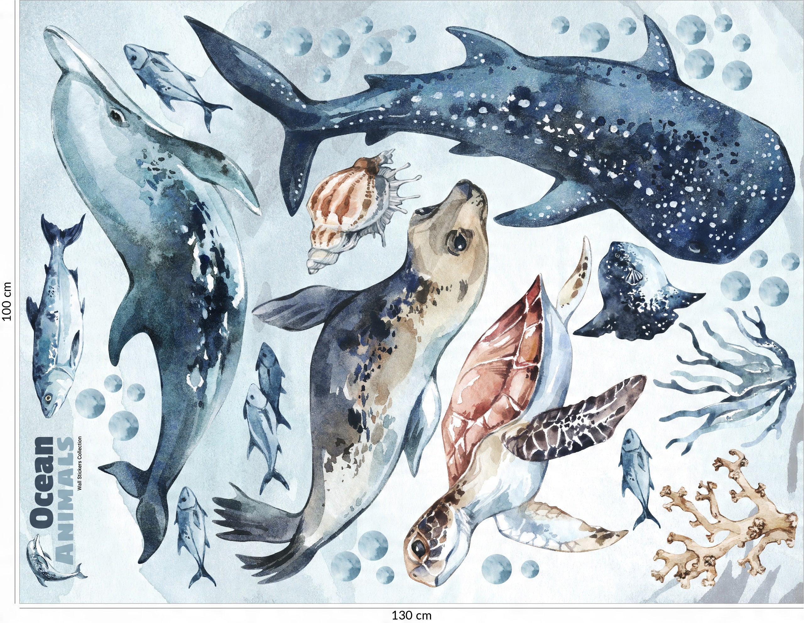 Sea Animals Variety Decal Set - Ocean Theme - Watercolour effect Dolphin, Shark, Turtle & Seal + more - Clickwalls