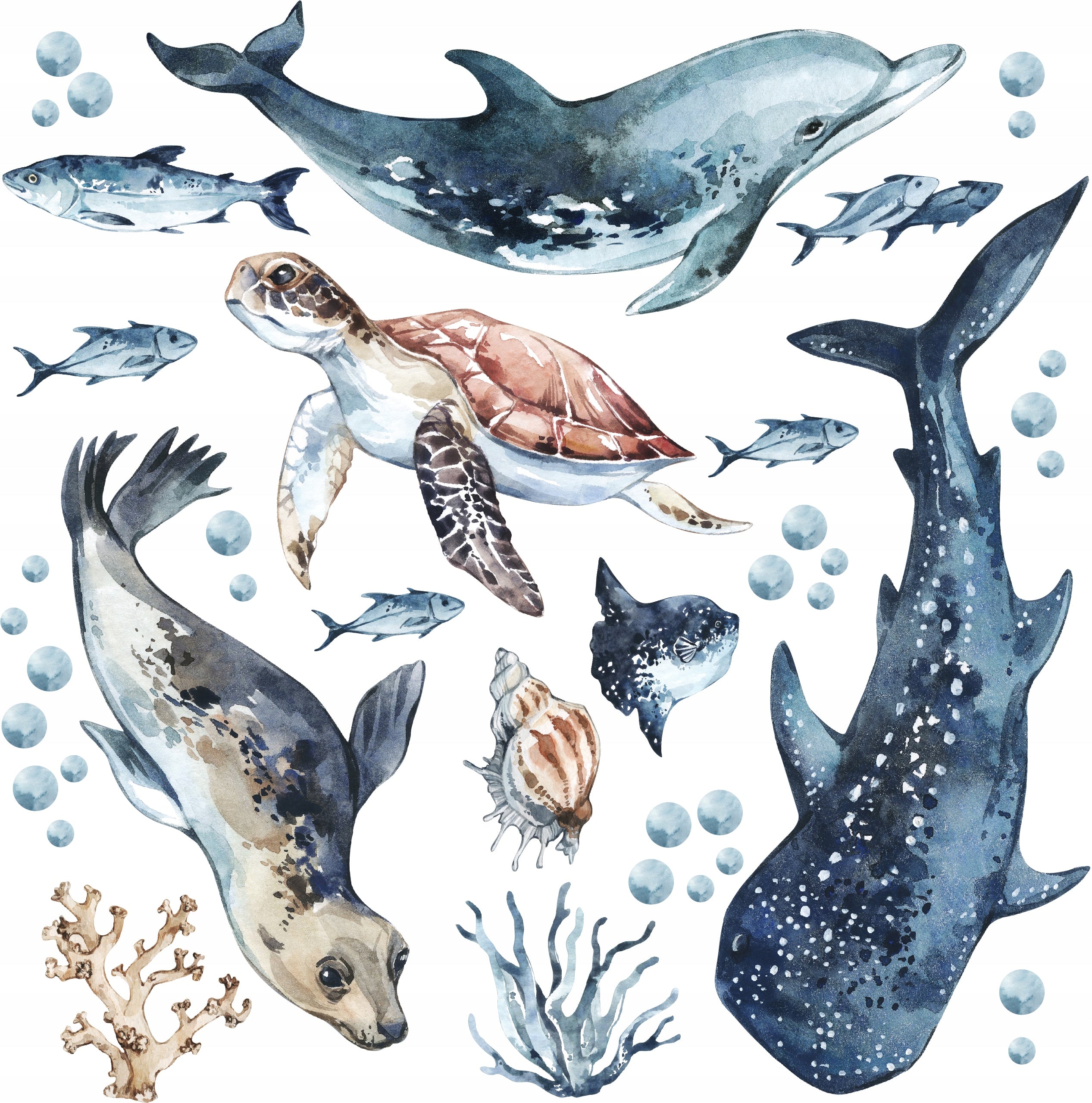 Sea Animals Variety Decal Set - Ocean Theme - Watercolour effect Dolphin, Shark, Turtle & Seal + more - Clickwalls