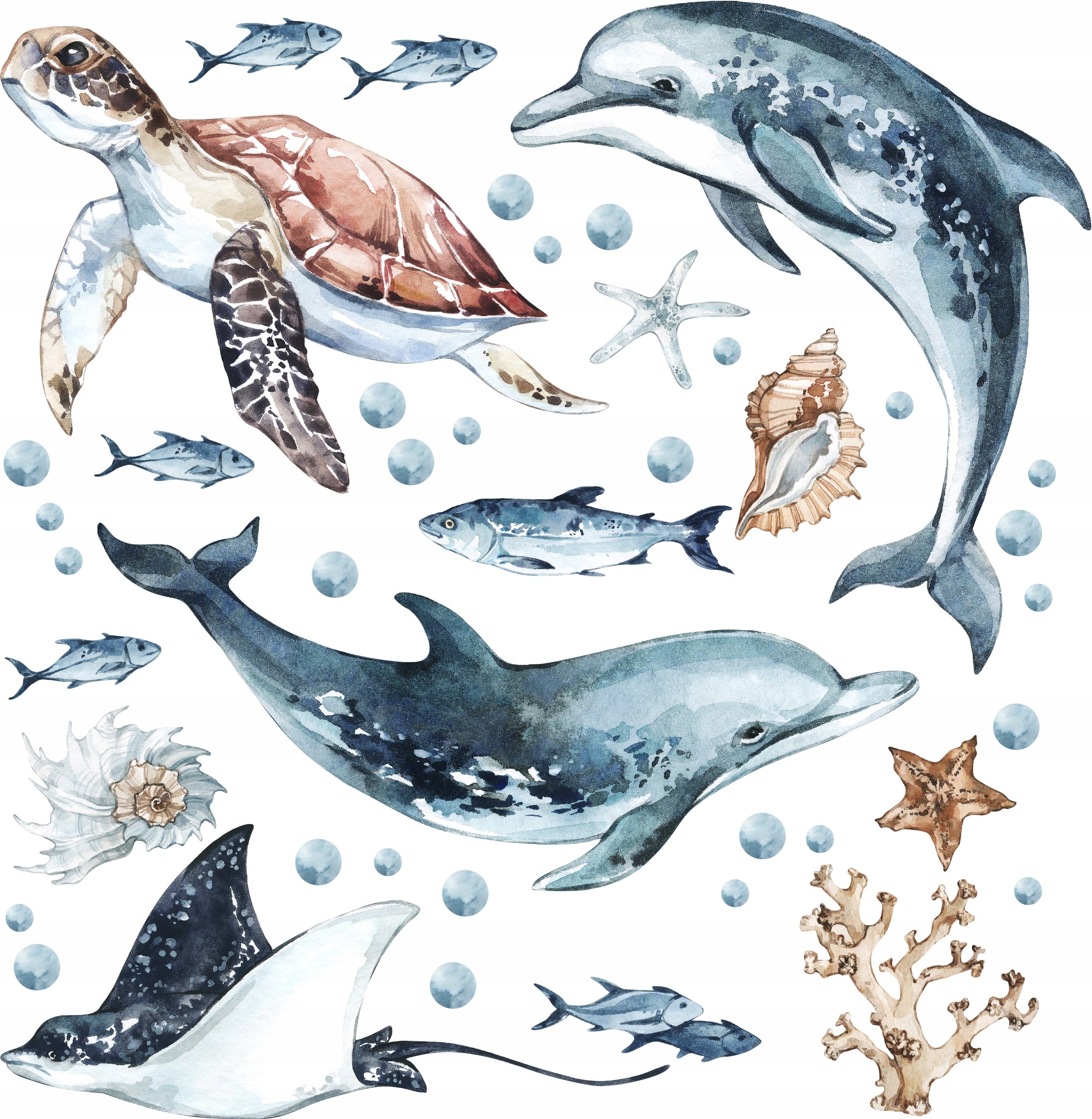 Dolphins & Turtle Decal Set - Ocean Theme - Watercolour Effect Stickers - Clickwalls