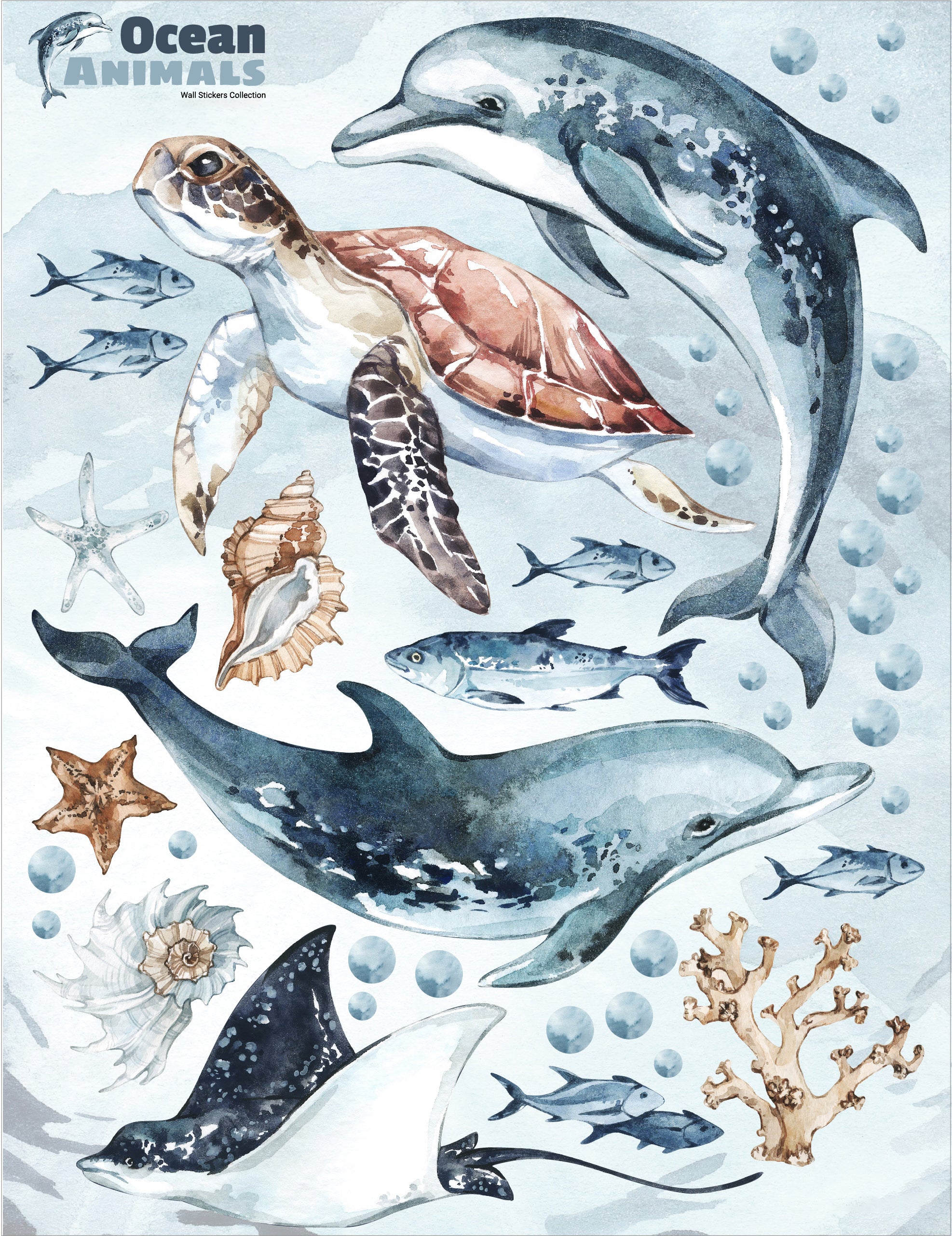 Dolphins & Turtle Decal Set - Ocean Theme - Watercolour Effect Stickers - Clickwalls