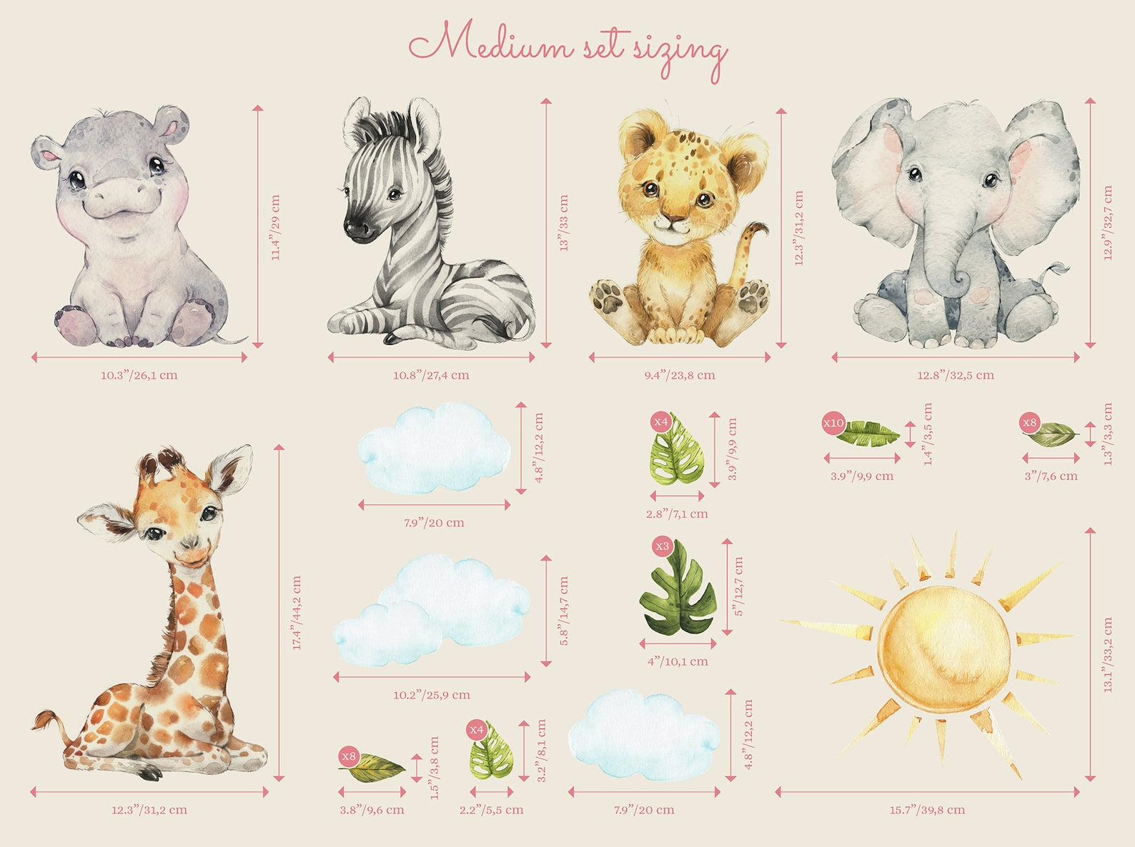 Baby Safari Animals Watercolor Wall Decal | Nursery Mural | Lion Elephant Sticker - Clickwalls