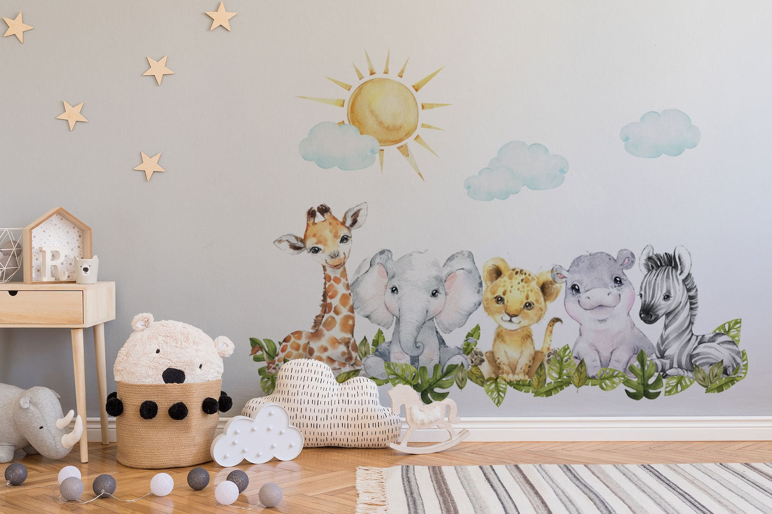 Baby Safari Animals Watercolor Wall Decal | Nursery Mural | Lion Elephant Sticker - Clickwalls