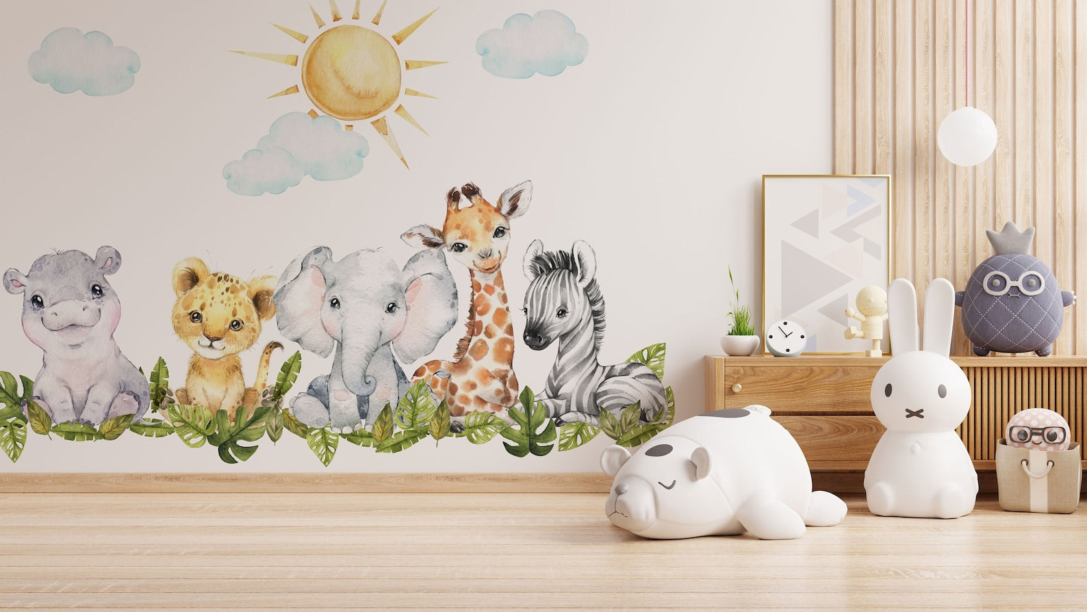 Baby Safari Animals Watercolor Wall Decal | Nursery Mural | Lion Elephant Sticker - Clickwalls