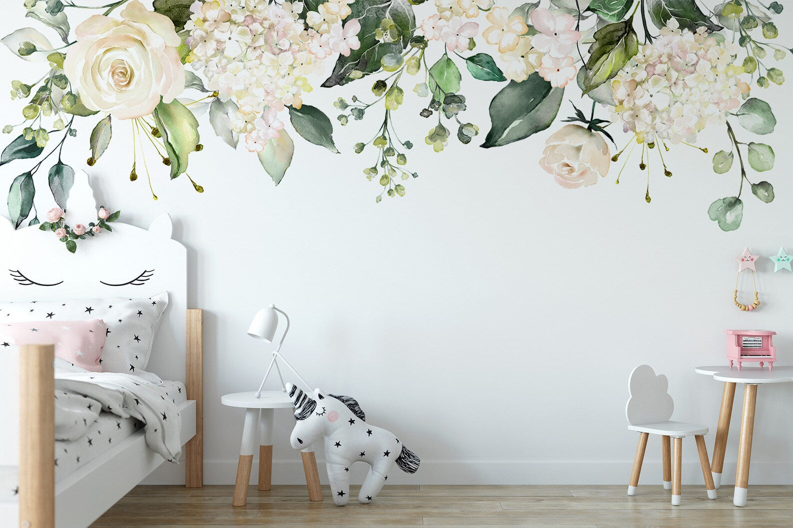 Watercolor White Floral Wall Decal | Soft Bouquet Wall Mural | Nursery Flowers Art Print - Clickwalls
