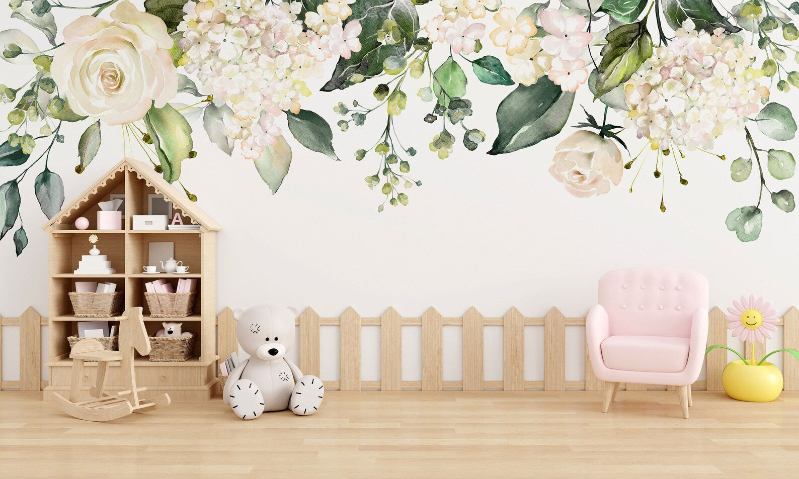 Watercolor White Floral Wall Decal | Soft Bouquet Wall Mural | Nursery Flowers Art Print - Clickwalls