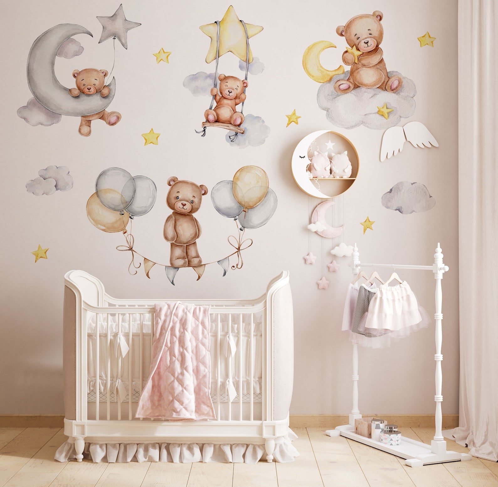 Sleeping Bears Wall Decal | Bears in the Air Nursery Wall Sticker | Clouds and Stars Wall Decor - Clickwalls