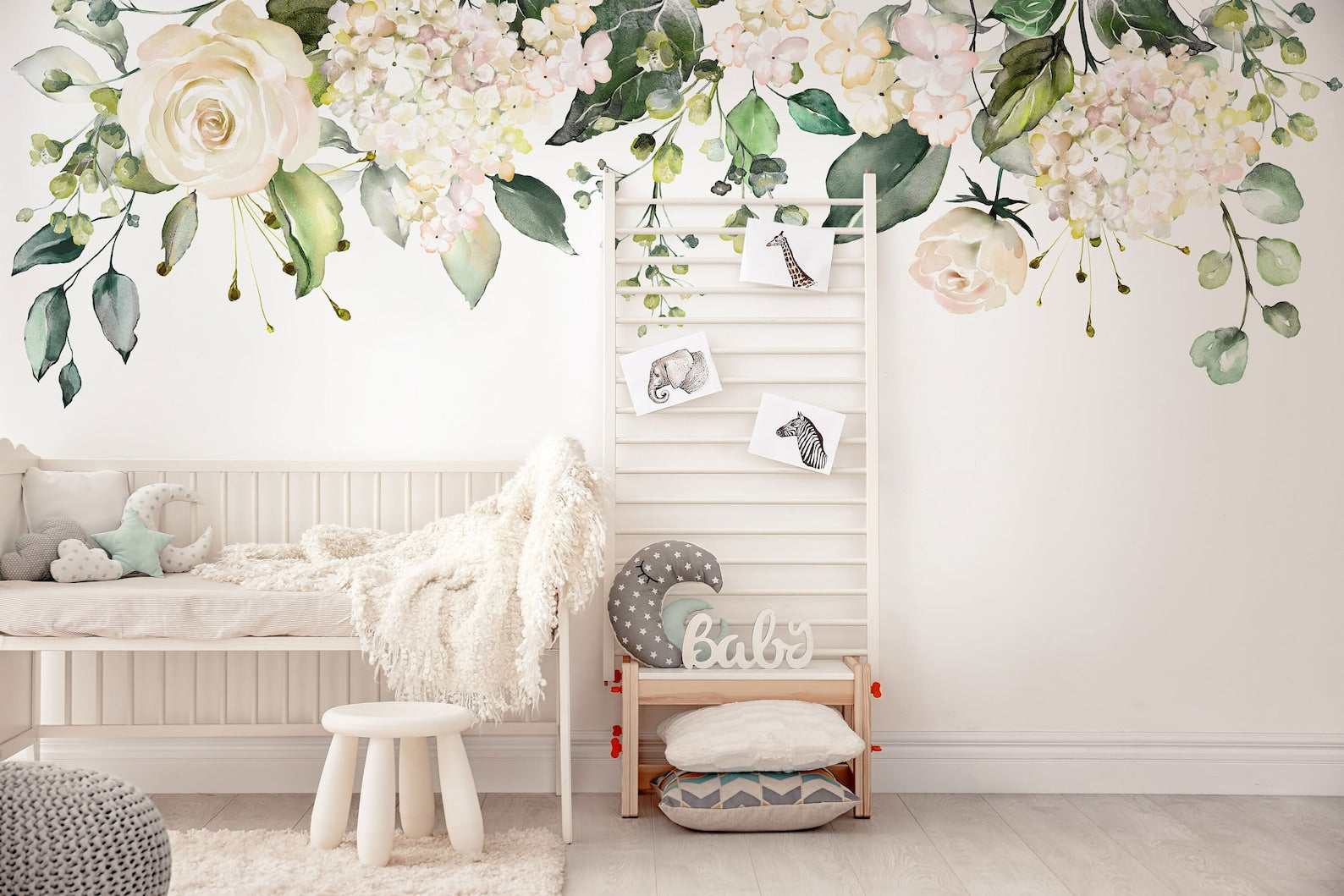 Watercolor White Floral Wall Decal | Soft Bouquet Wall Mural | Nursery Flowers Art Print - Clickwalls