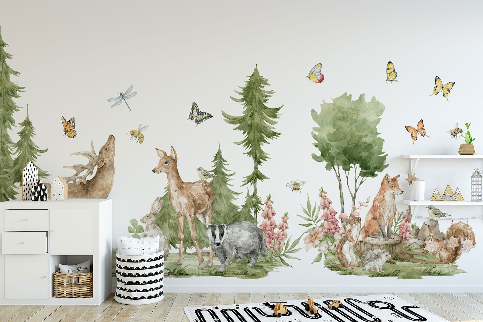 Forest Animals Wall Decal | Cute Animals with Big Trees Wall Sticker | Nursery Watercolor Forest Animals Wall Decals - Clickwalls