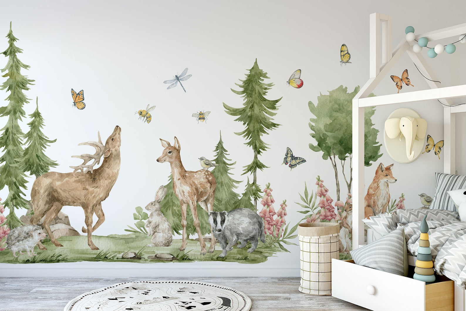 Forest Animals Wall Decal | Cute Animals with Big Trees Wall Sticker | Nursery Watercolor Forest Animals Wall Decals - Clickwalls