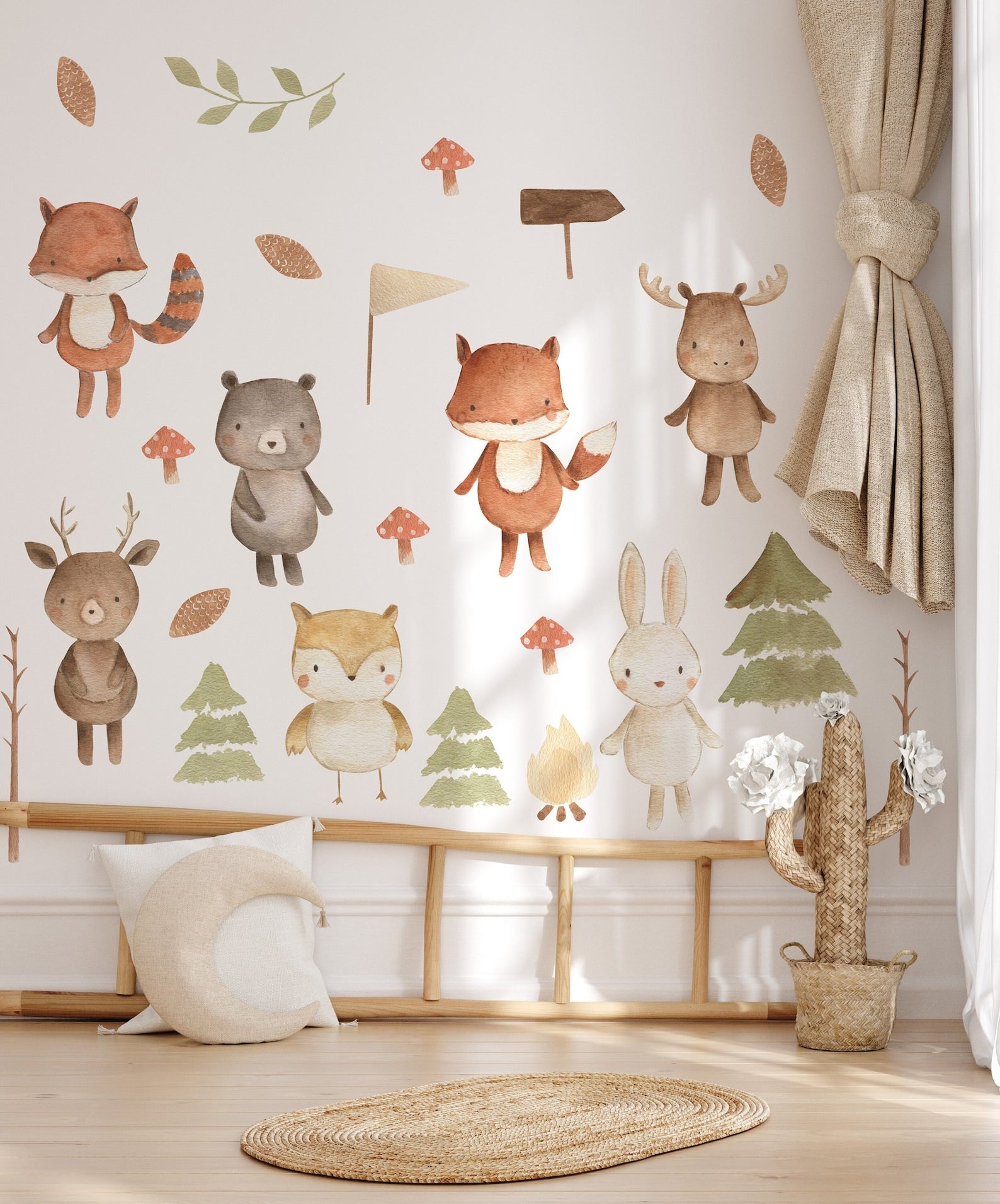 Forest Animals Nursery Wall Decal | Woodland Nursery Decal | Watercolor Bear, Deer, Owl, Fox, Rabbit Stickers | Peel and Stick Wall Decal - Clickwalls