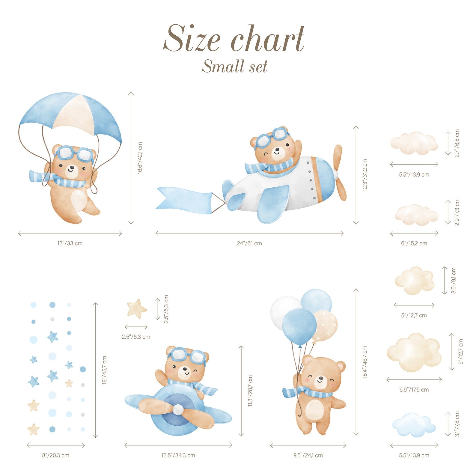 Flying Bears Wall Decals | Nursery Bear Wall Decal | Airplane Wall Decal | Boys Girls Room Decal | Blue and Pink Watercolor Bear Decal - Clickwalls
