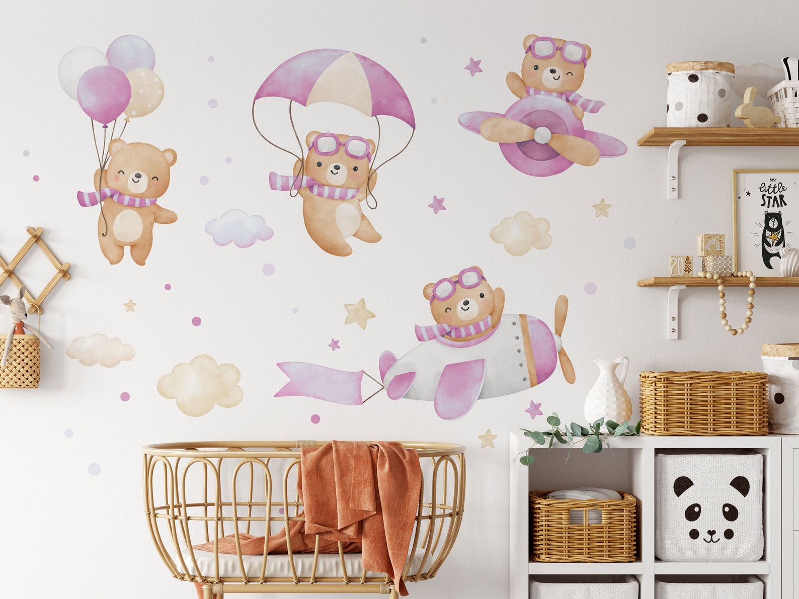 Flying Bears Wall Decals | Nursery Bear Wall Decal | Airplane Wall Decal | Boys Girls Room Decal | Blue and Pink Watercolor Bear Decal - Clickwalls