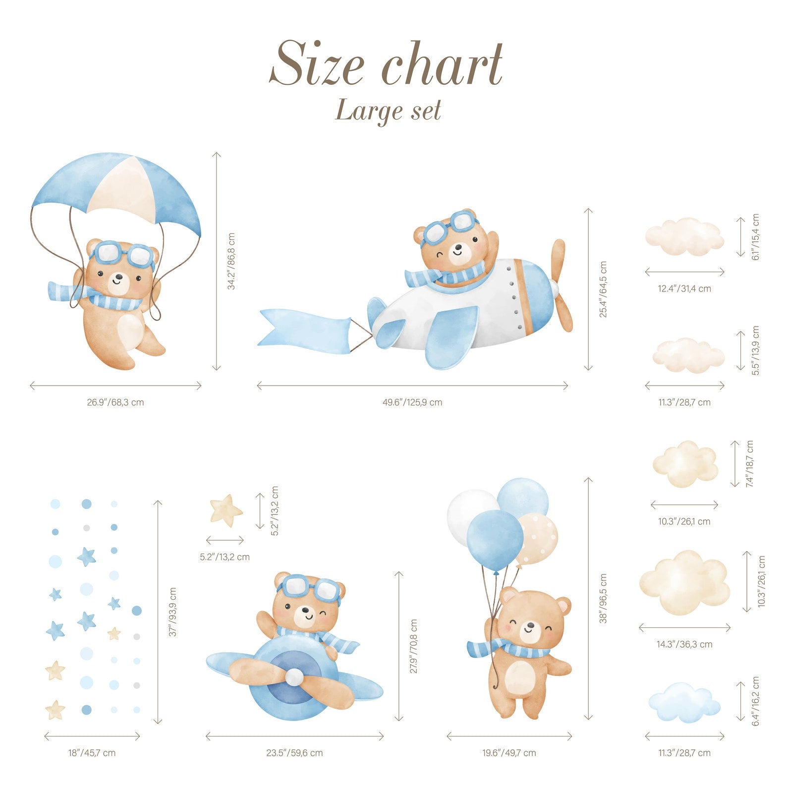 Flying Bears Wall Decals | Nursery Bear Wall Decal | Airplane Wall Decal | Boys Girls Room Decal | Blue and Pink Watercolor Bear Decal - Clickwalls