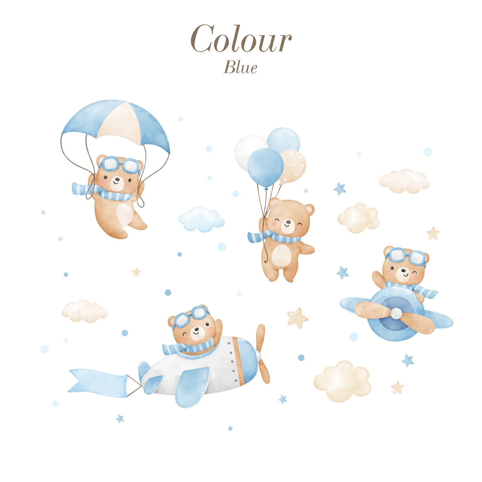 Flying Bears Wall Decals | Nursery Bear Wall Decal | Airplane Wall Decal | Boys Girls Room Decal | Blue and Pink Watercolor Bear Decal - Clickwalls