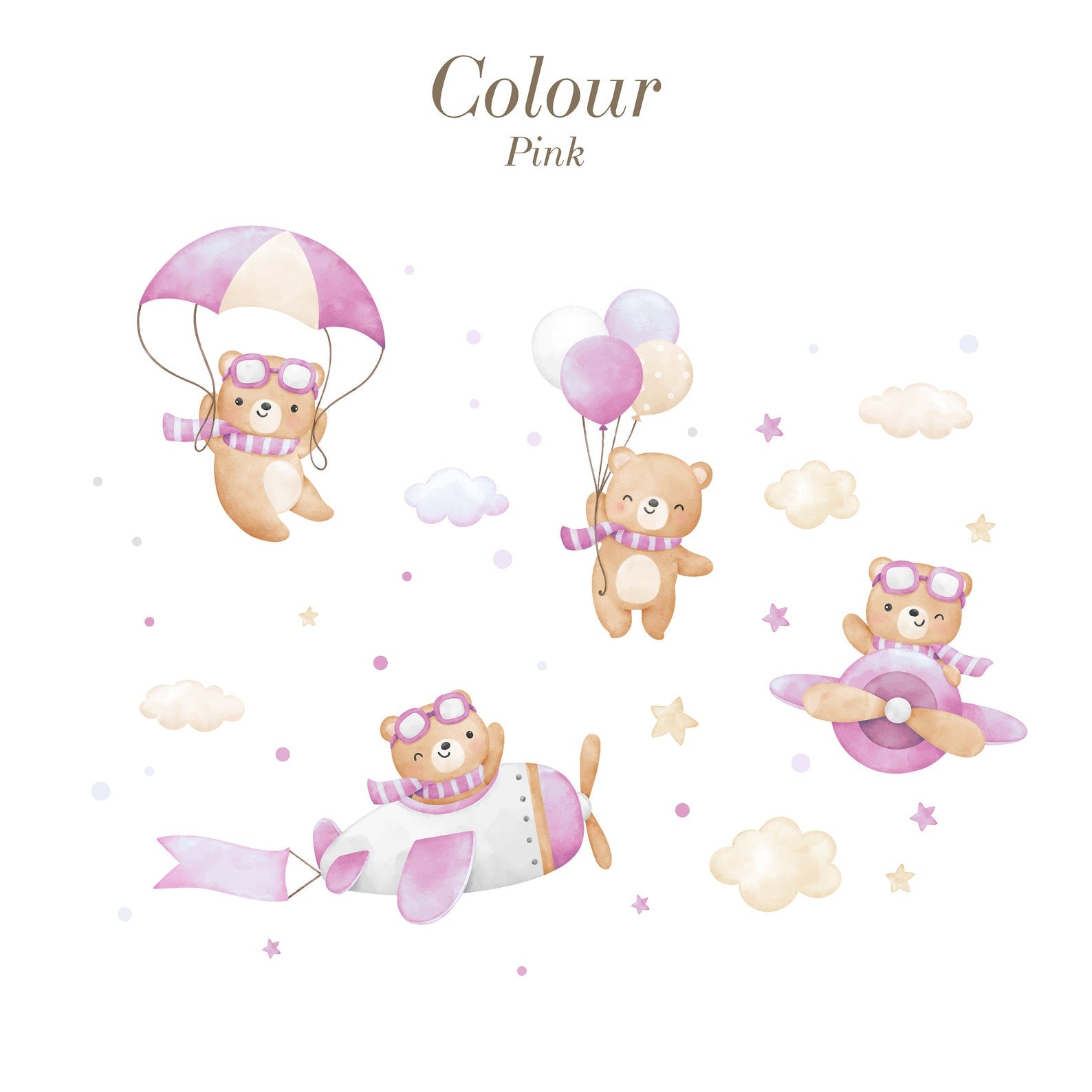 Flying Bears Wall Decals | Nursery Bear Wall Decal | Airplane Wall Decal | Boys Girls Room Decal | Blue and Pink Watercolor Bear Decal - Clickwalls