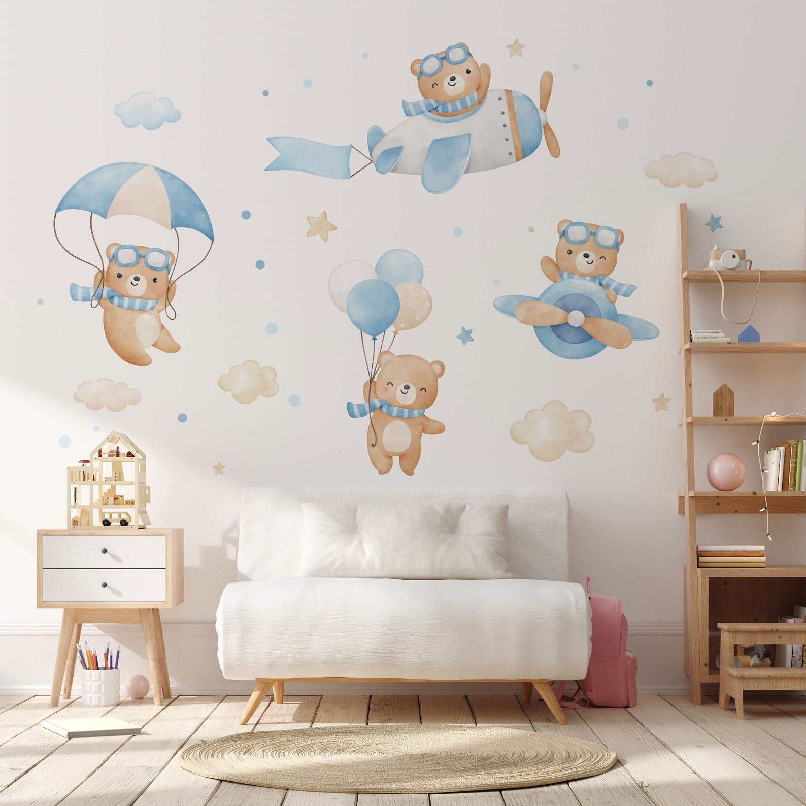 Flying Bears Wall Decals | Nursery Bear Wall Decal | Airplane Wall Decal | Boys Girls Room Decal | Blue and Pink Watercolor Bear Decal - Clickwalls