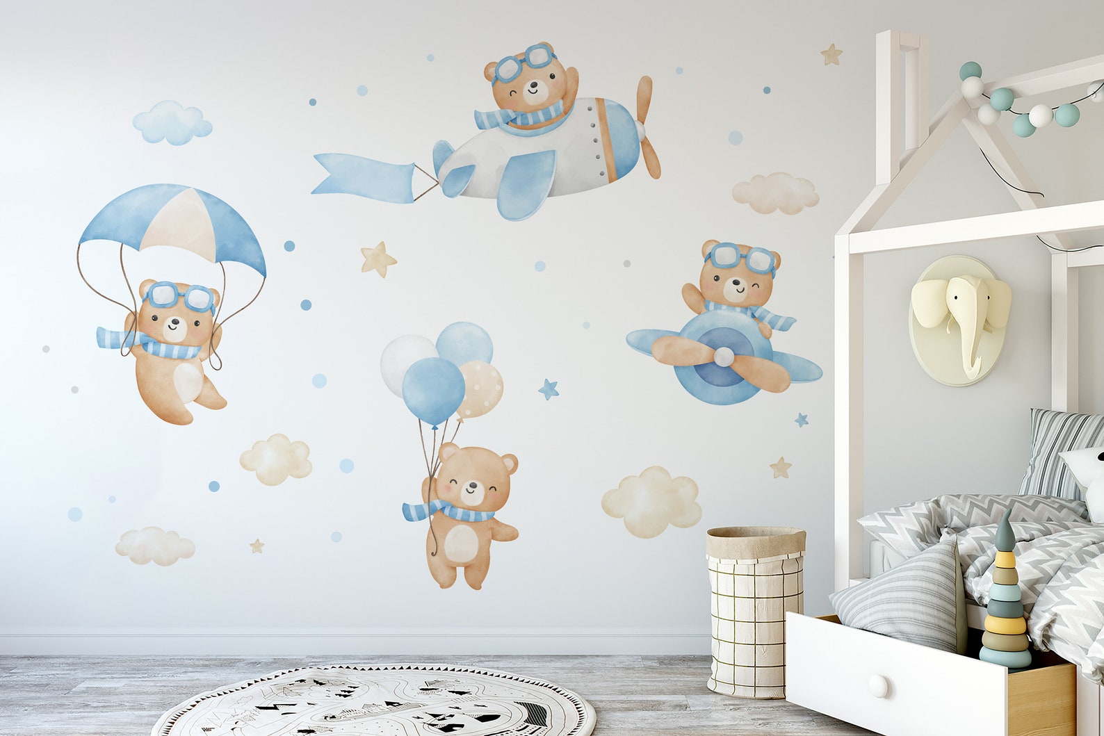 Flying Bears Wall Decals | Nursery Bear Wall Decal | Airplane Wall Decal | Boys Girls Room Decal | Blue and Pink Watercolor Bear Decal - Clickwalls