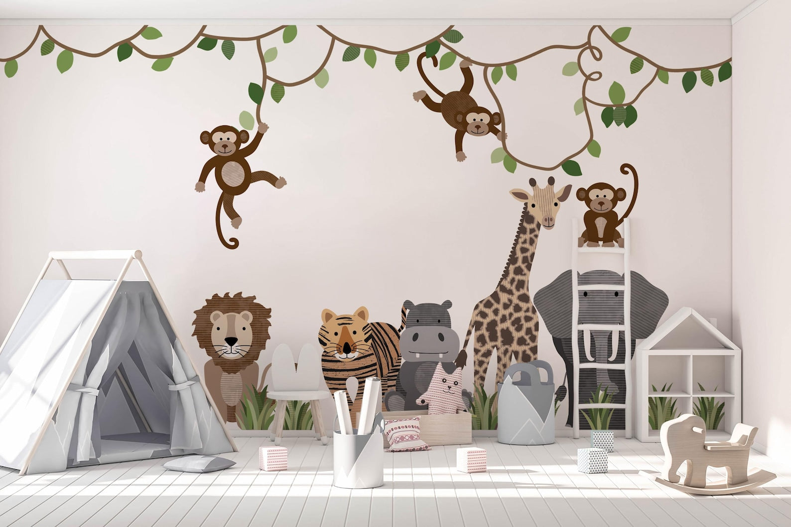 Large Safari Animals and Monkey Wall Decals | Jungle Animal Wall Stickers | Nursery Wall Decals | Repositionable Jungle Wall Decals - Clickwalls