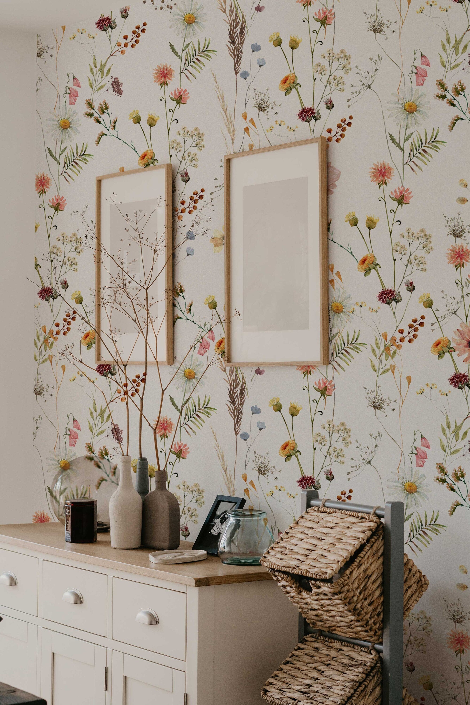 Watercolor Wild Flower Wallpaper | Soft Botanical Field Floral Wall Mural | Peel and Stick Little Florals with Grass Wallpaper - Clickwalls