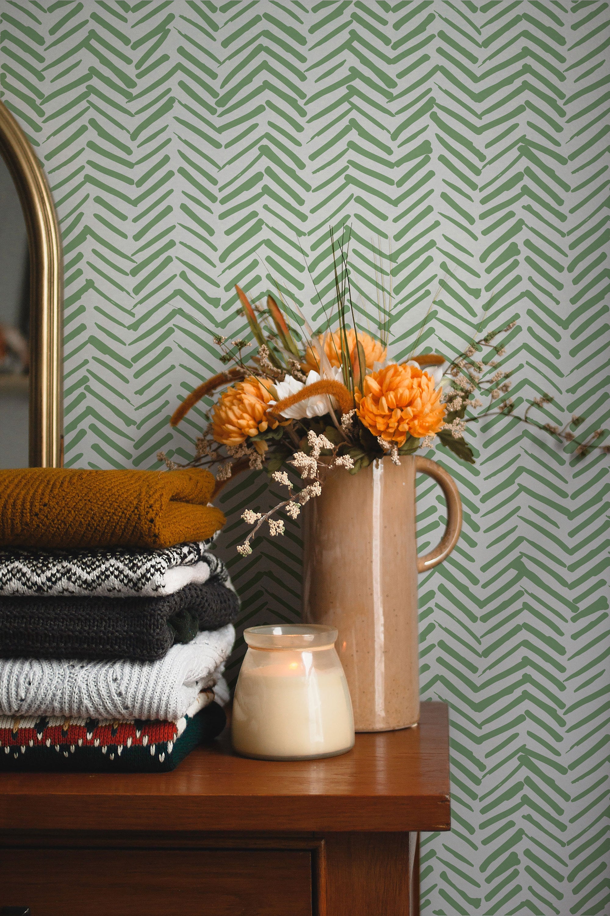 Green Chevron Wallpaper Peel and Stick | Self Adhesive Herringbone Wall Paper | Geometric Removable Wall Decor | Minimalistic Boho Tribal - Clickwalls