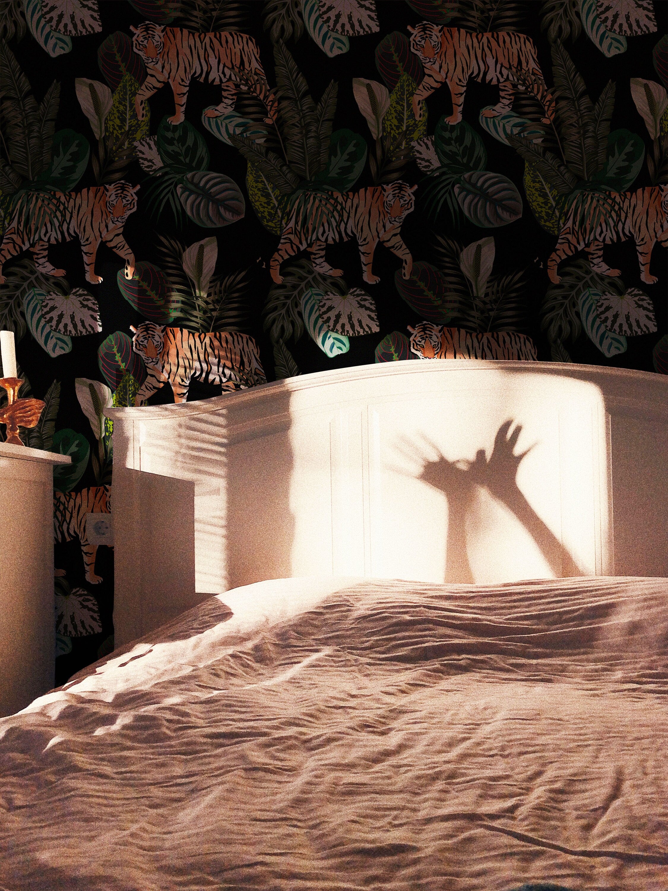 Vintage Botanical Wallpaper Peel and Stick Dark Tropical Plants with Leopard Wall Mural - Clickwalls