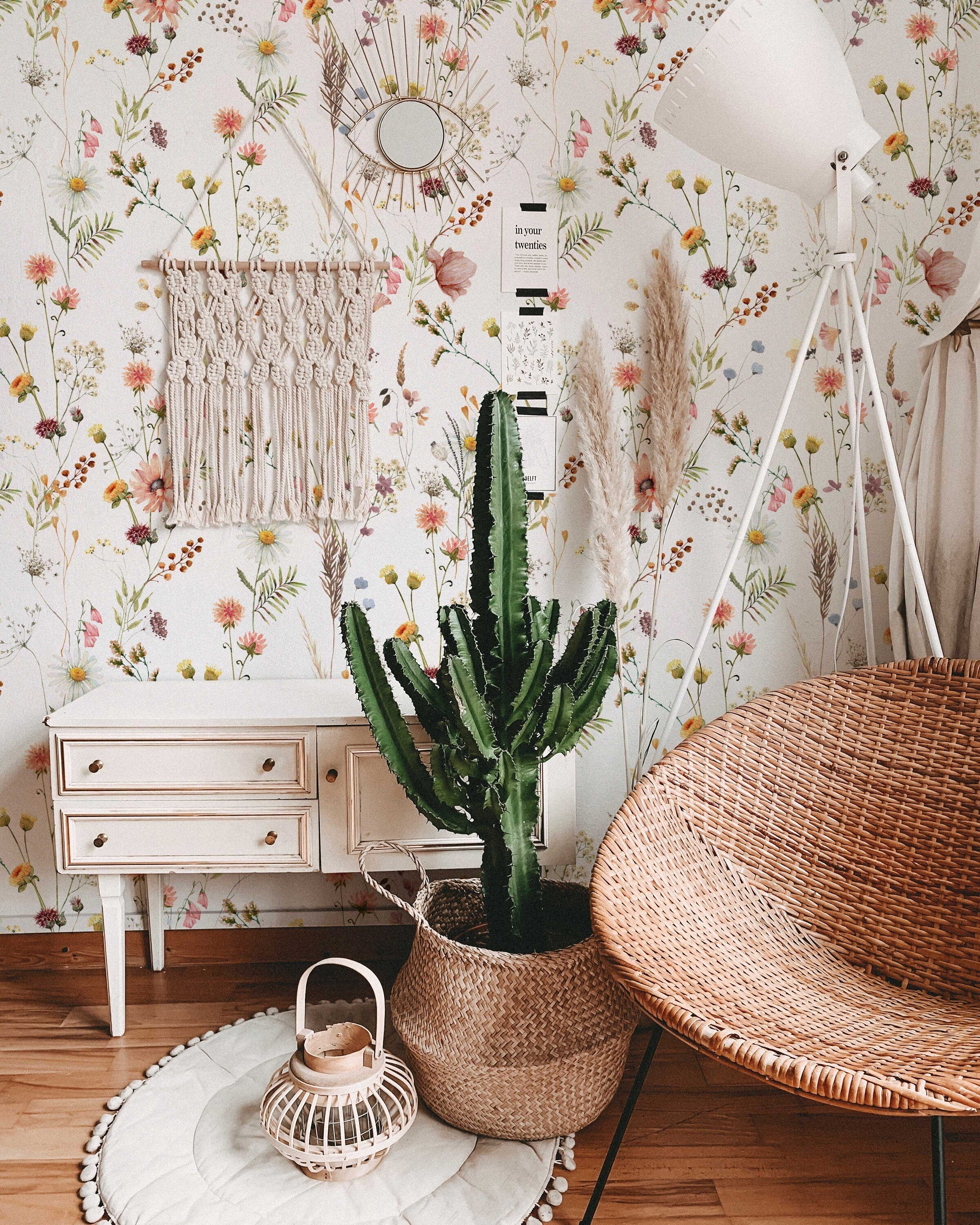 Watercolor Wild Flower Wallpaper | Soft Botanical Field Floral Wall Mural | Peel and Stick Little Florals with Grass Wallpaper - Clickwalls