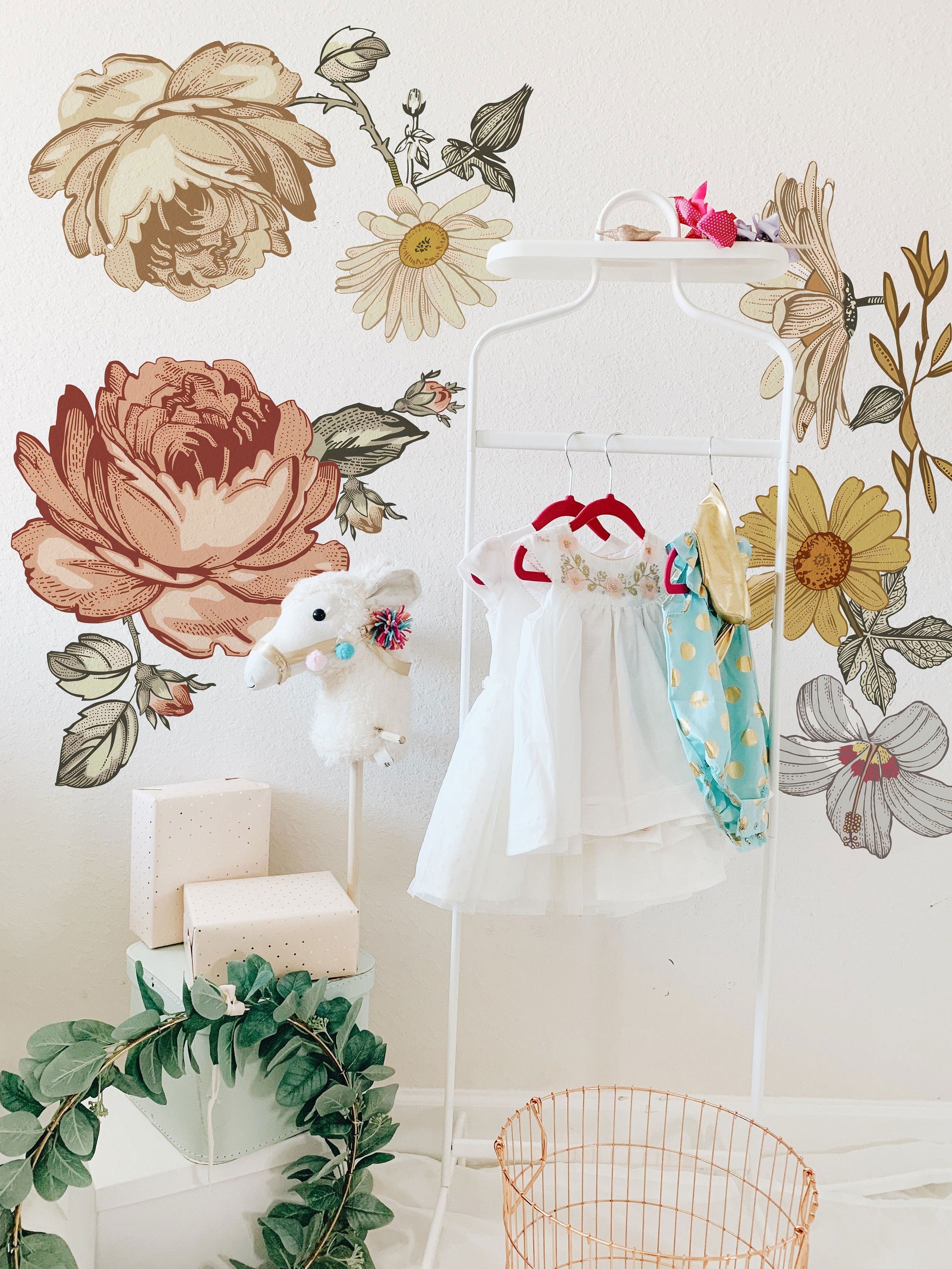 Soft Nursery Floral Wall Decal Wall Sticker for Kids Vintage Peony Flower - Clickwalls