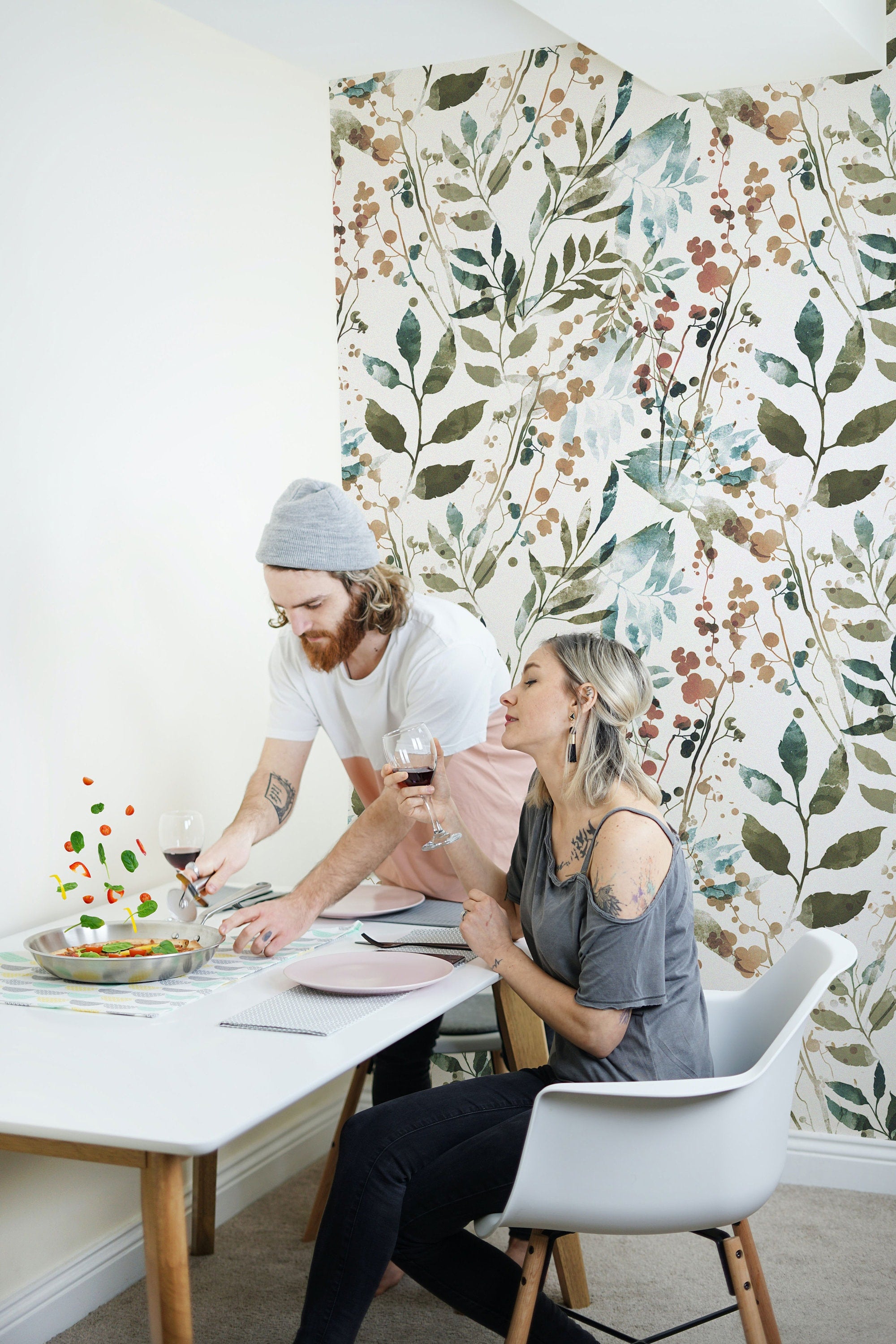 Herb Leaves Watercolor Removable Fabric Wallpaper - Clickwalls