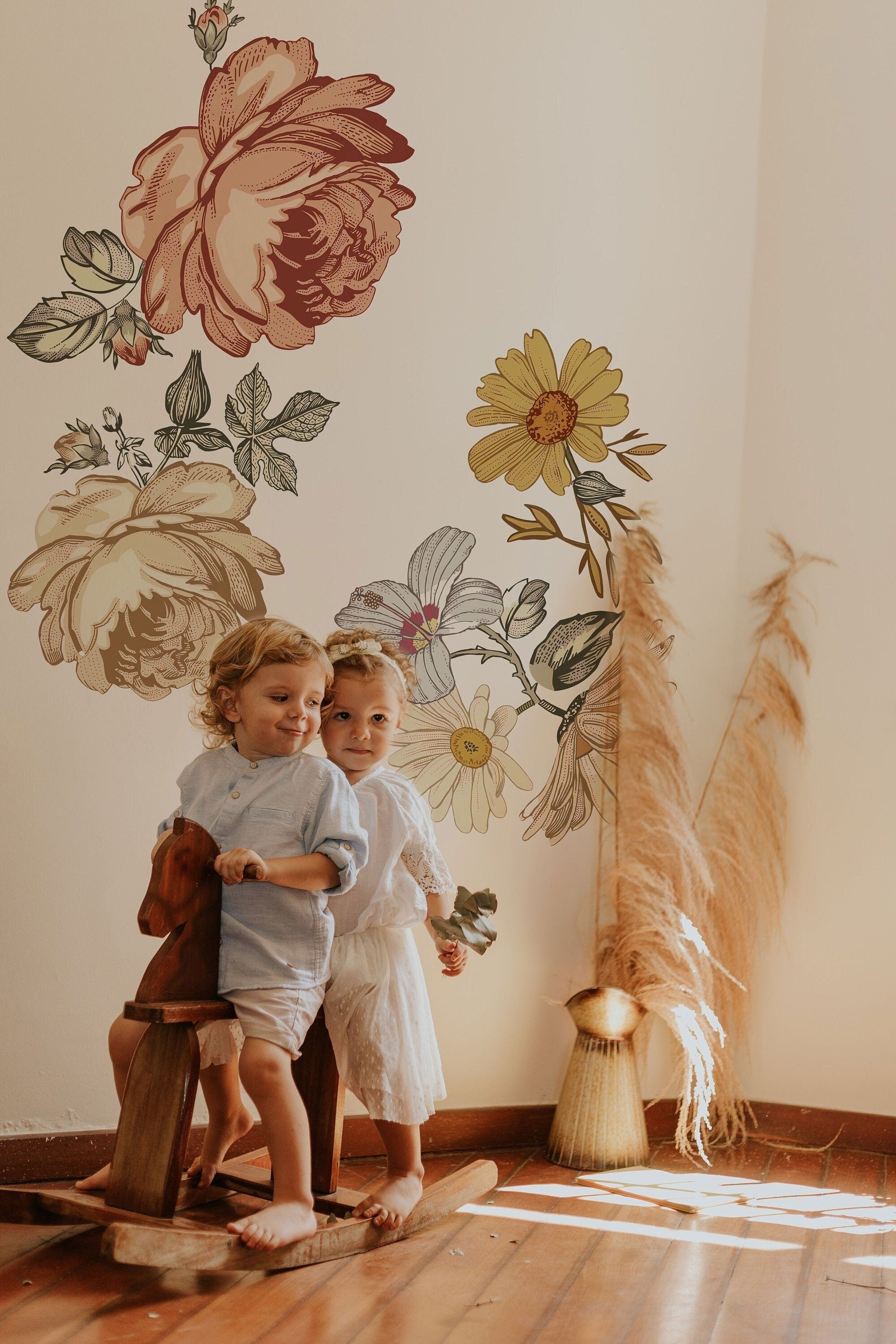 Soft Nursery Floral Wall Decal Wall Sticker for Kids Vintage Peony Flower - Clickwalls