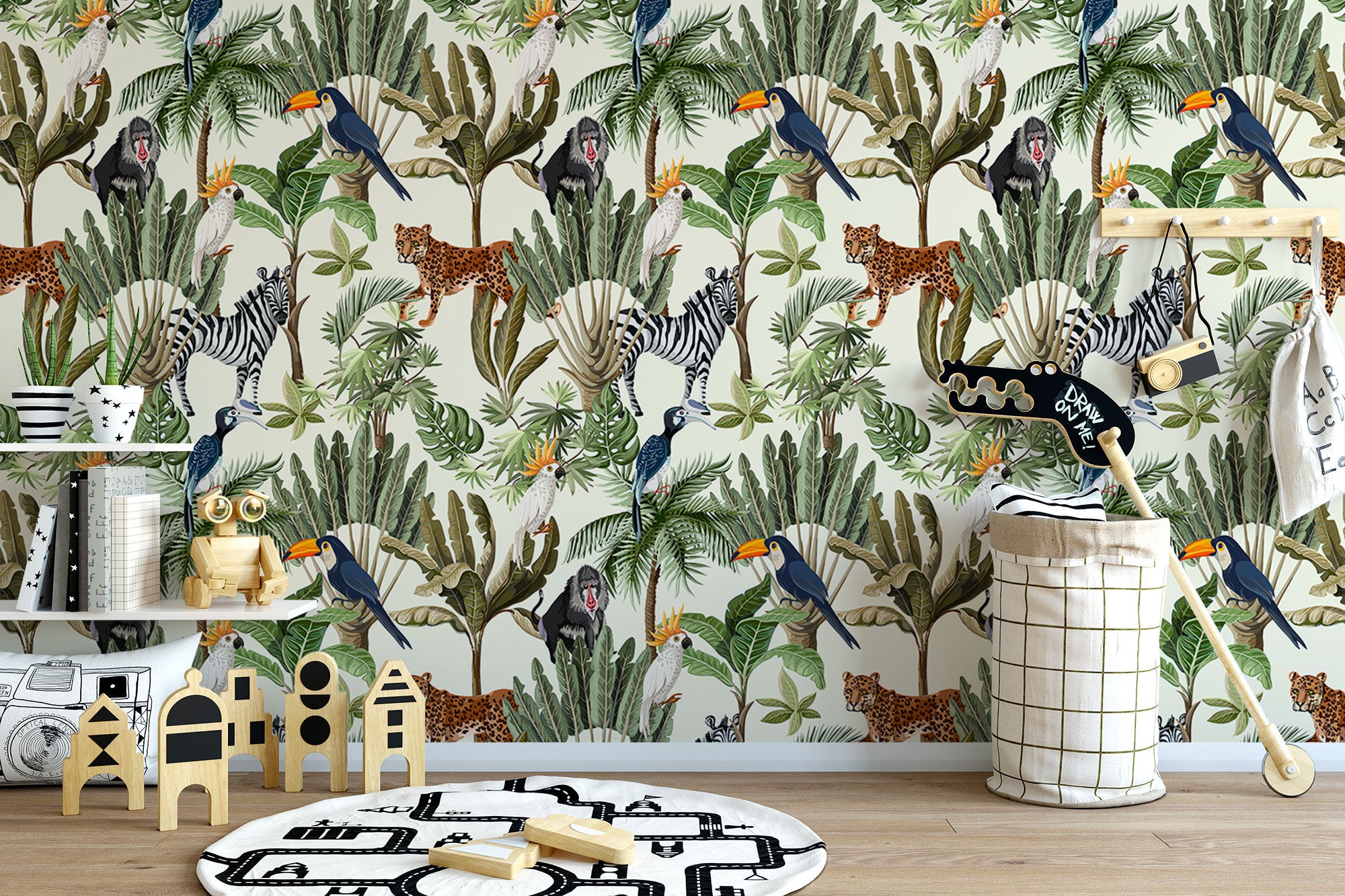 Playful Jungle Animals Watercolor Peel and Stick Wallpaper for Nursery and Kids' Room Decor - Clickwalls