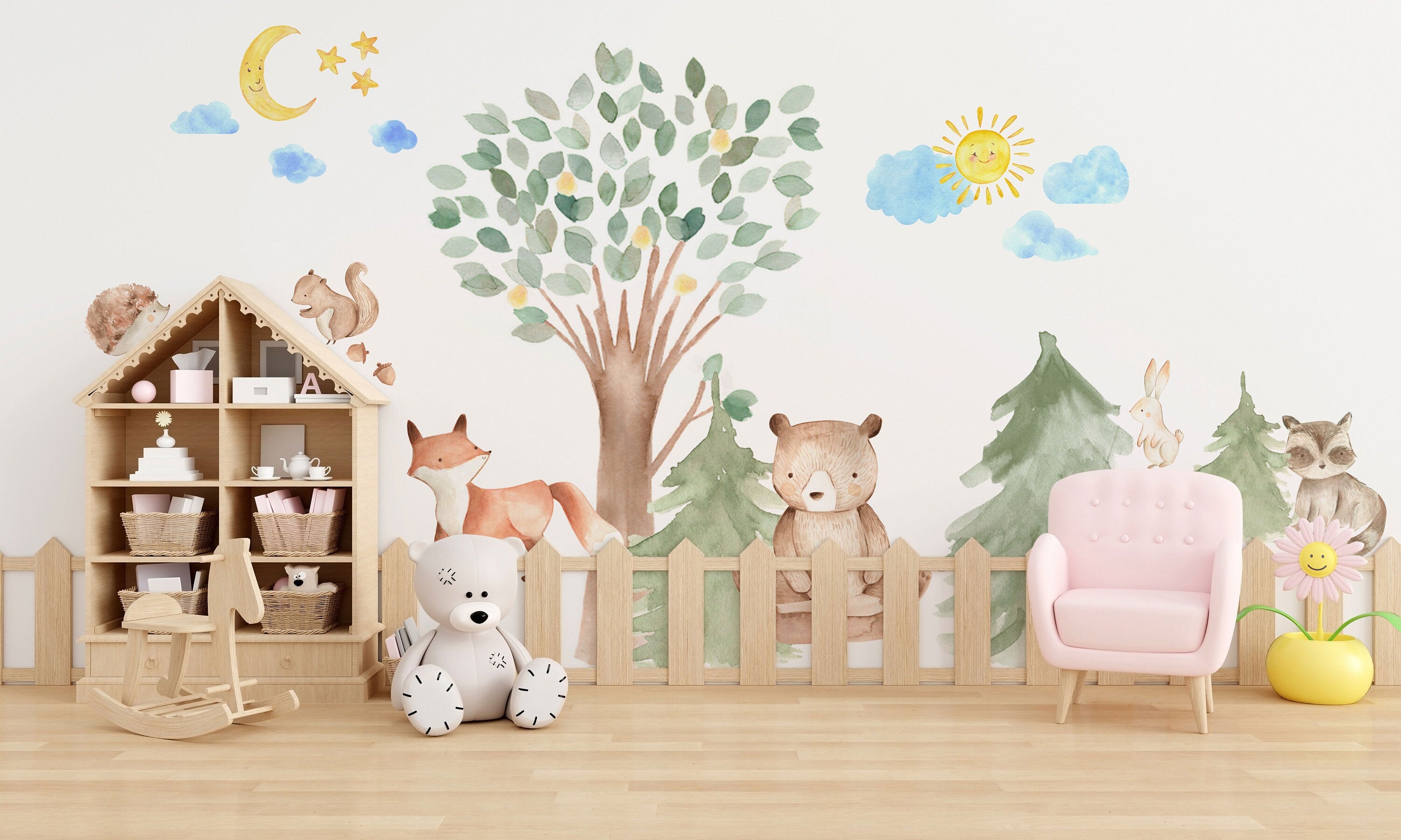 Woodland Watercolour Oak Pine Tree Decal with Animals - Bear, Fox, Raccoon, Rabbit, Squirrel, Porcupine - Clickwalls
