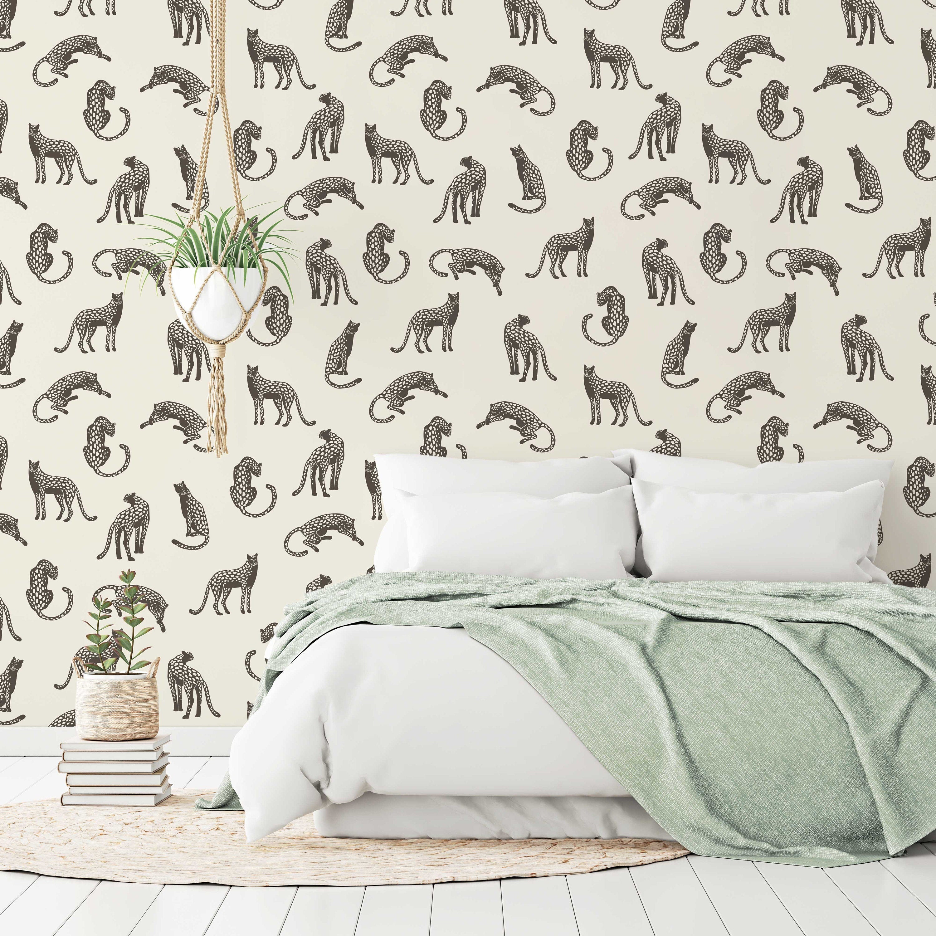 Leopards on Light Cream Background Removable Wallpaper | Self-Adhesive Fabric | Peel & Stick | Tropical Animal Wall Covering - Clickwalls