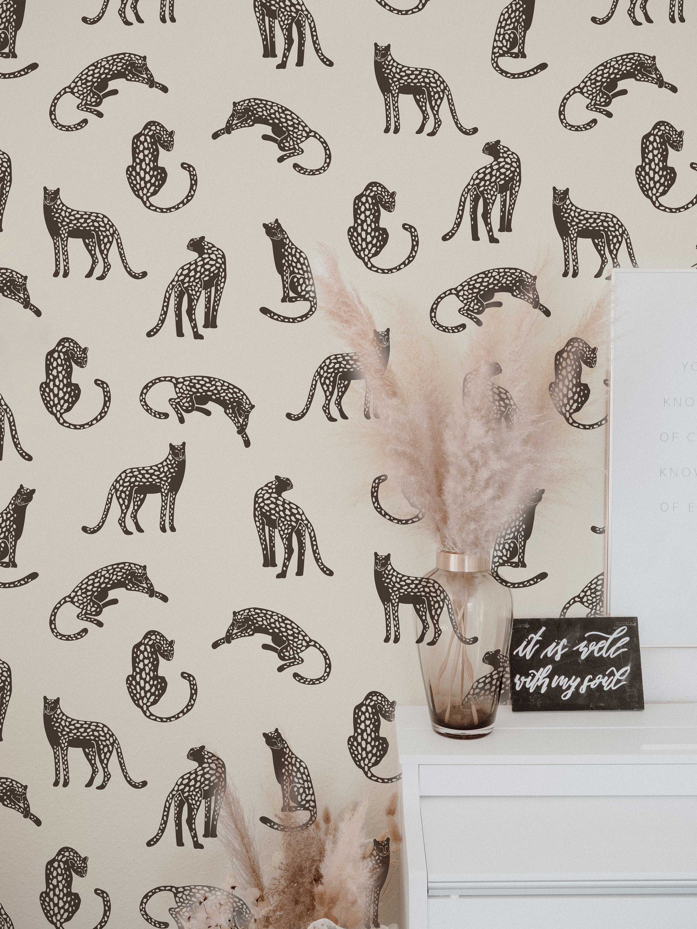Leopards on Light Cream Background Removable Wallpaper | Self-Adhesive Fabric | Peel & Stick | Tropical Animal Wall Covering - Clickwalls