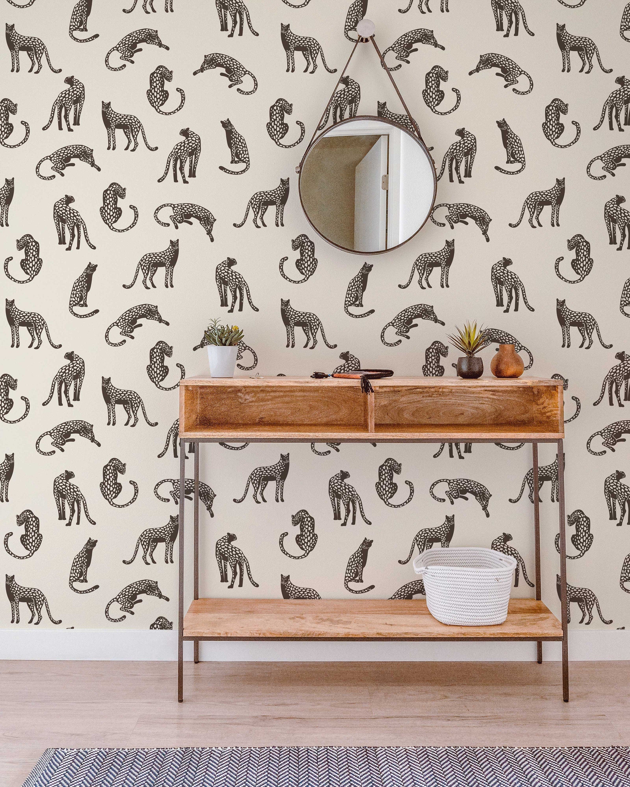 Leopards on Light Cream Background Removable Wallpaper | Self-Adhesive Fabric | Peel & Stick | Tropical Animal Wall Covering - Clickwalls