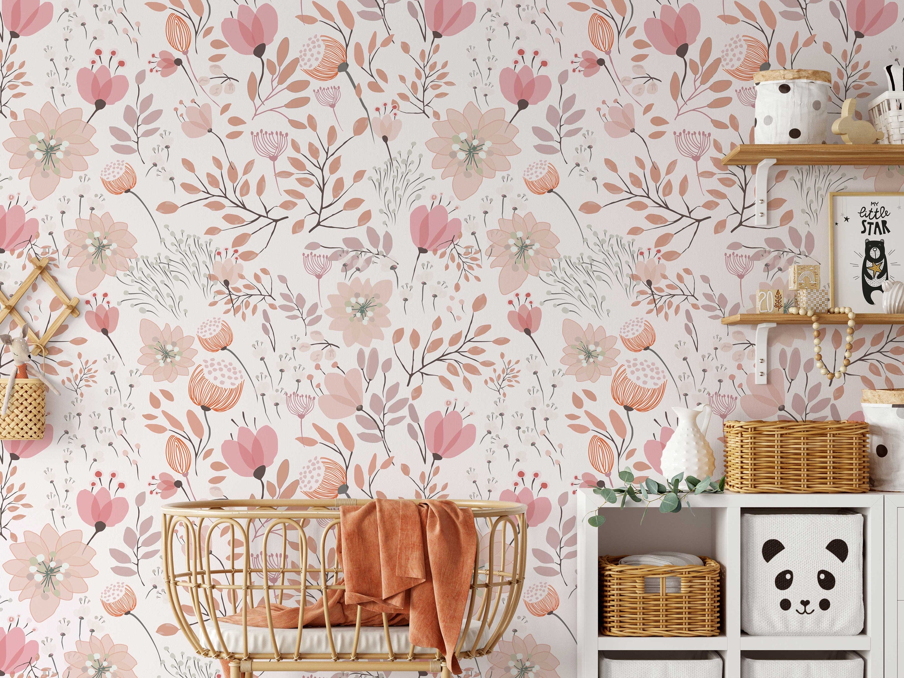 Nursery Floral Wallpaper Peel and Stick Kids Soft Garden Flowers Wall Mural - Clickwalls