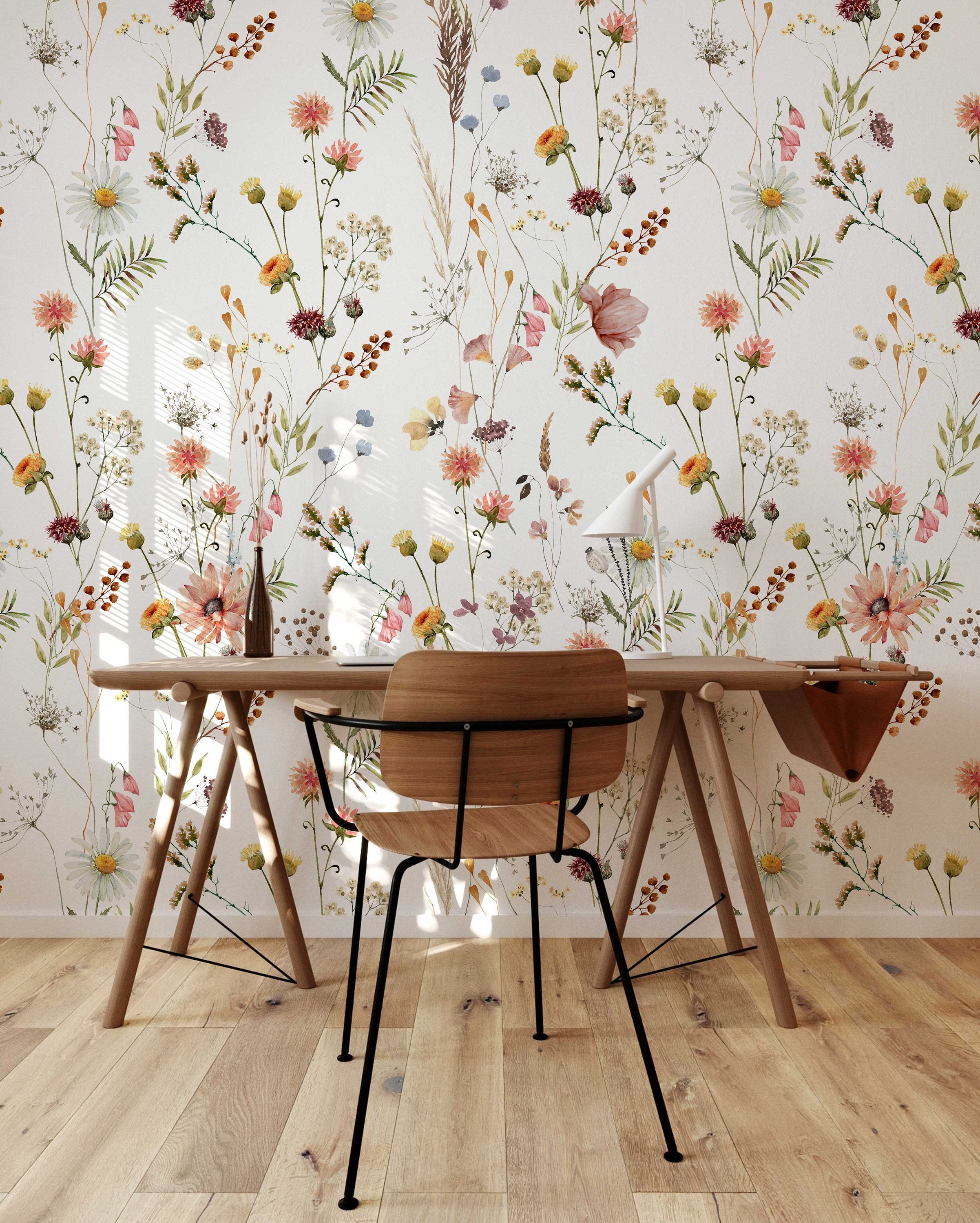 Watercolor Wild Flower Wallpaper | Soft Botanical Field Floral Wall Mural | Peel and Stick Little Florals with Grass Wallpaper - Clickwalls