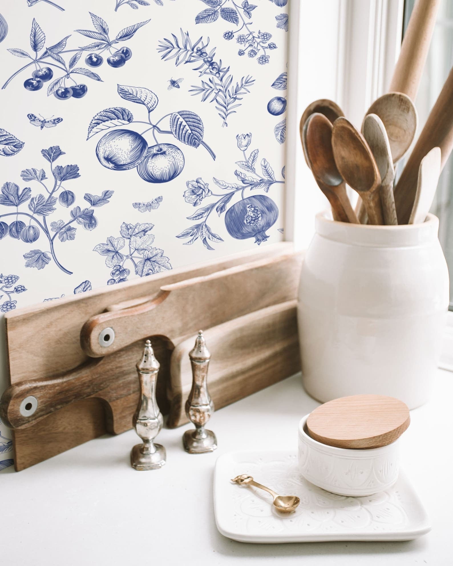 Blue Peach Botanical Wallpaper | Removable Peel and Stick | Custom Roll | Self Adhesive | Country Style Decor - Clickwalls