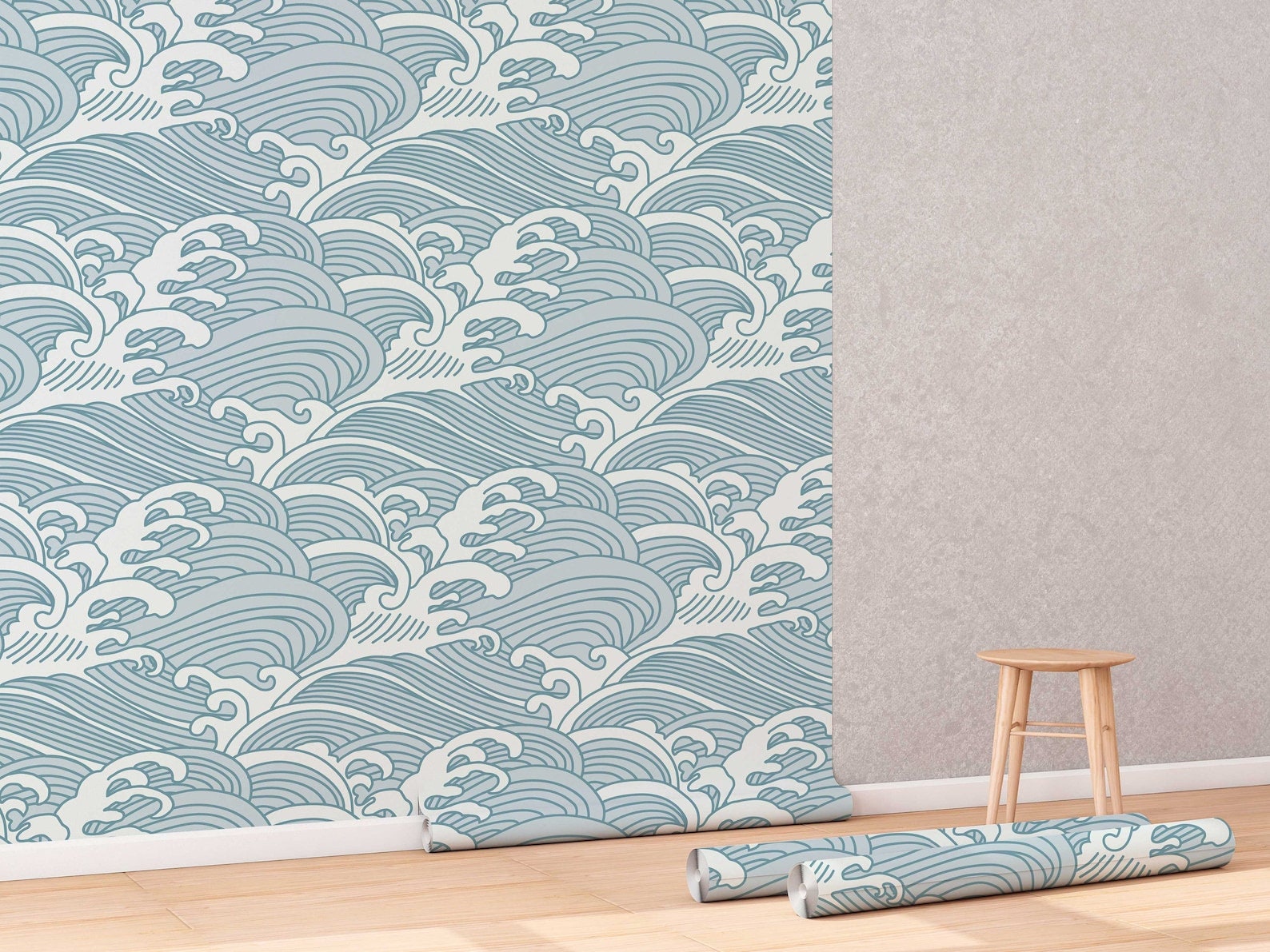 Chinese Waves Self Adhesive Wallpaper | Removable Blue-Gray Mural | Eco Friendly Design - Clickwalls
