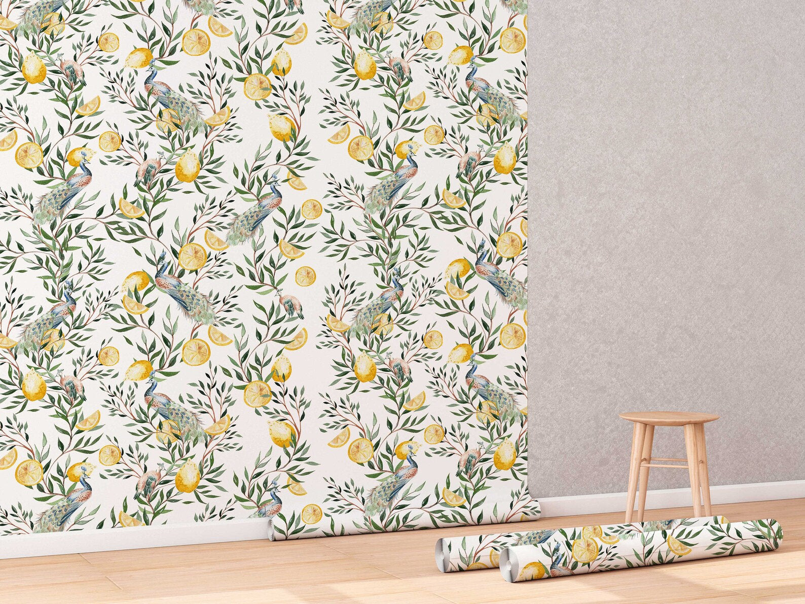 Chinoiserie Wallpaper | Peel and Stick or Traditional | Watercolor Peacock with Tree Wall Mural | Self Adhesive Floral Wallpaper | Removable - Clickwalls