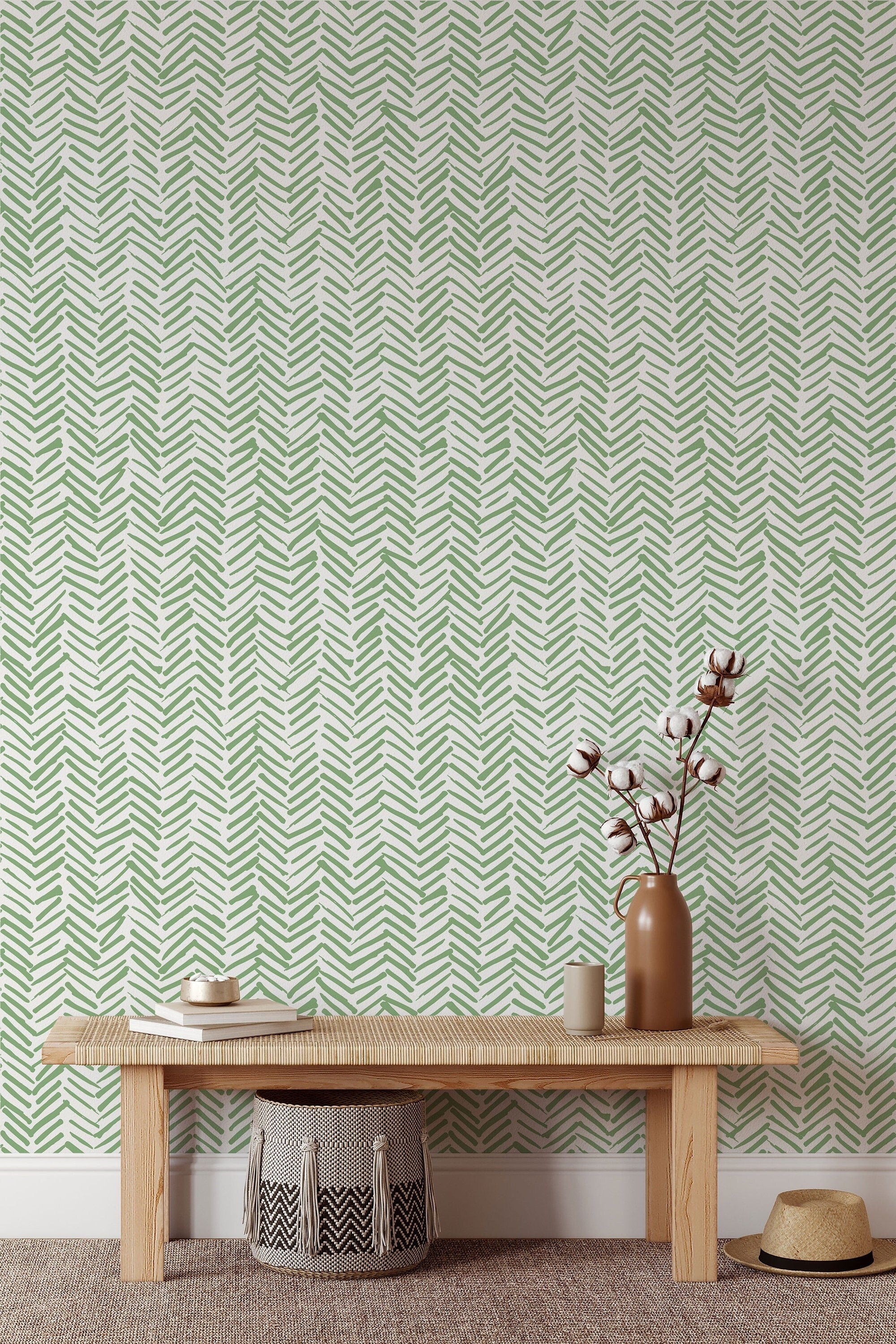 Green Chevron Wallpaper Peel and Stick | Self Adhesive Herringbone Wall Paper | Geometric Removable Wall Decor | Minimalistic Boho Tribal - Clickwalls