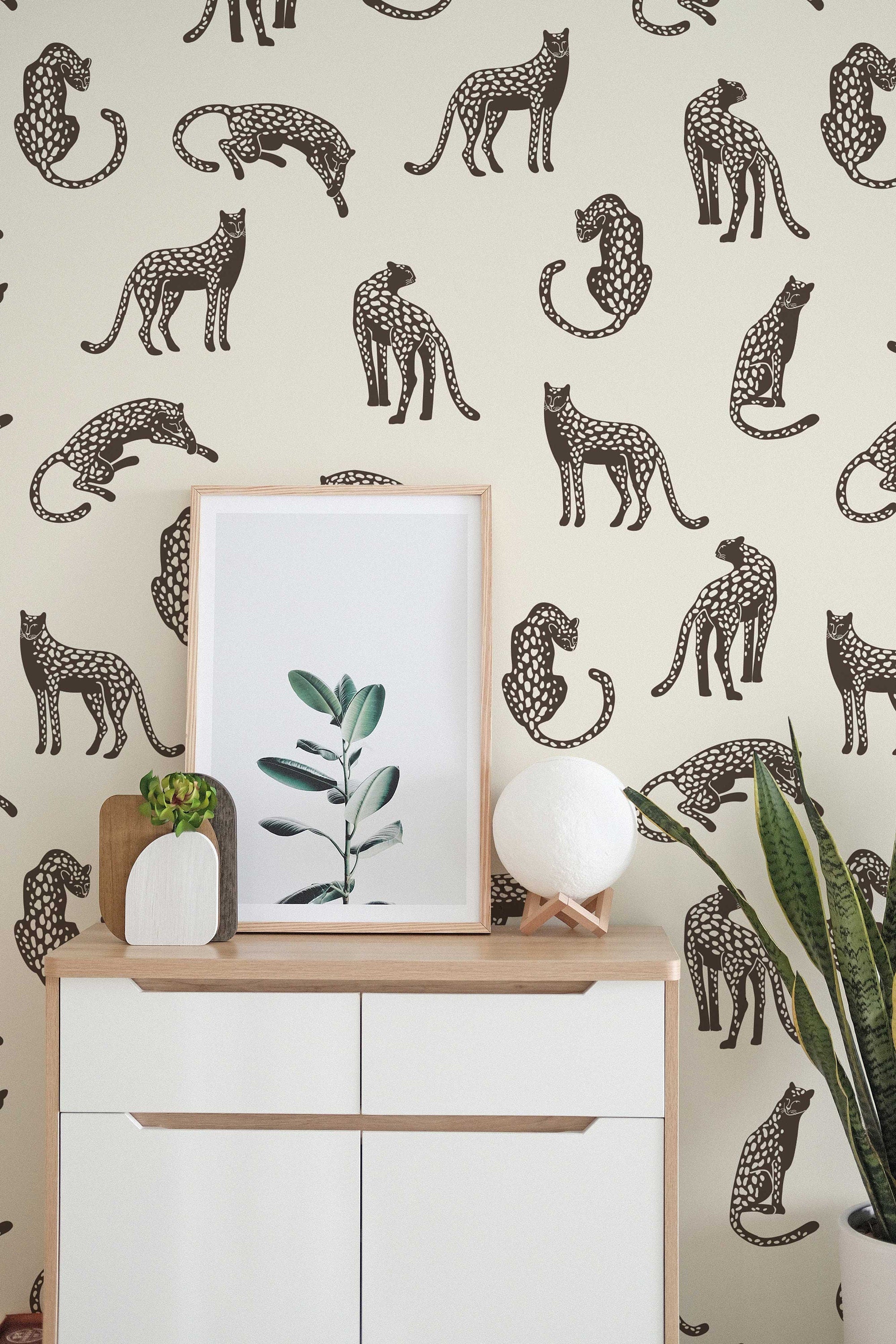 Leopards on Light Cream Background Removable Wallpaper | Self-Adhesive Fabric | Peel & Stick | Tropical Animal Wall Covering - Clickwalls