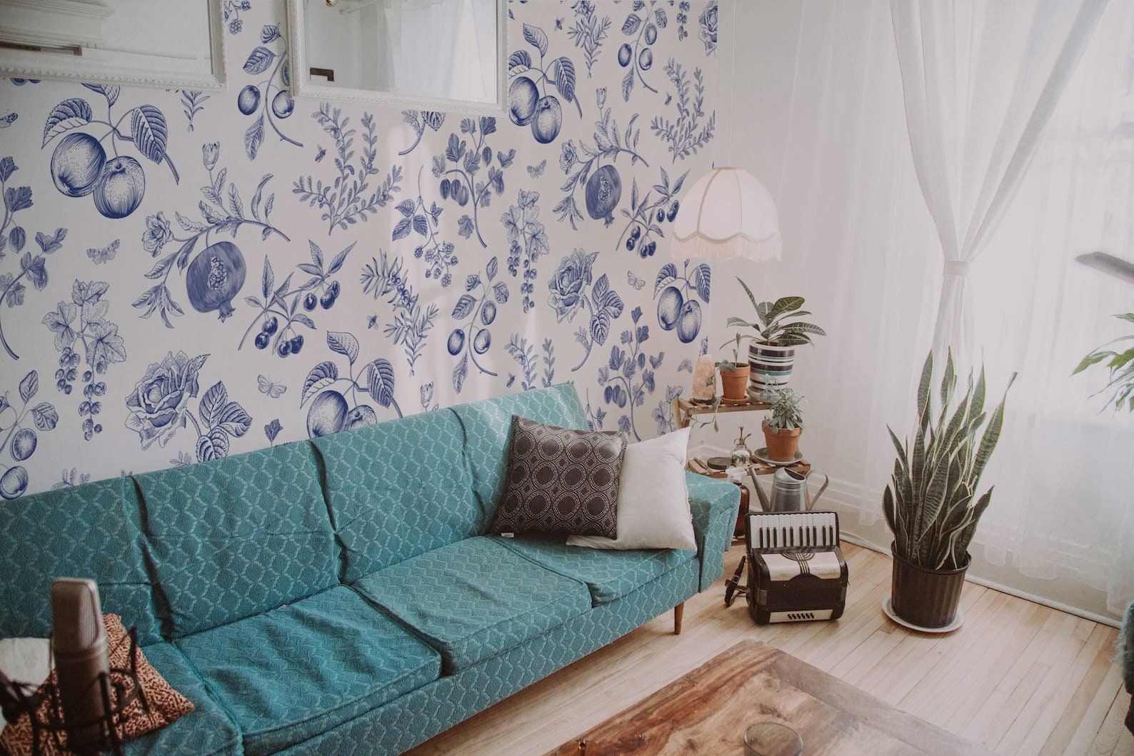 Blue Peach Botanical Wallpaper | Removable Peel and Stick | Custom Roll | Self Adhesive | Country Style Decor - Clickwalls