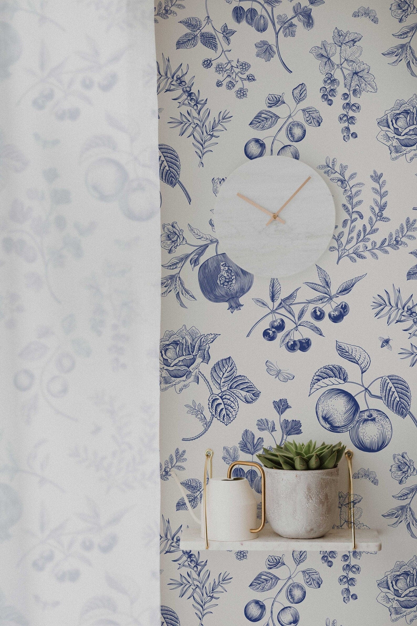Blue Peach Botanical Wallpaper | Removable Peel and Stick | Custom Roll | Self Adhesive | Country Style Decor - Clickwalls