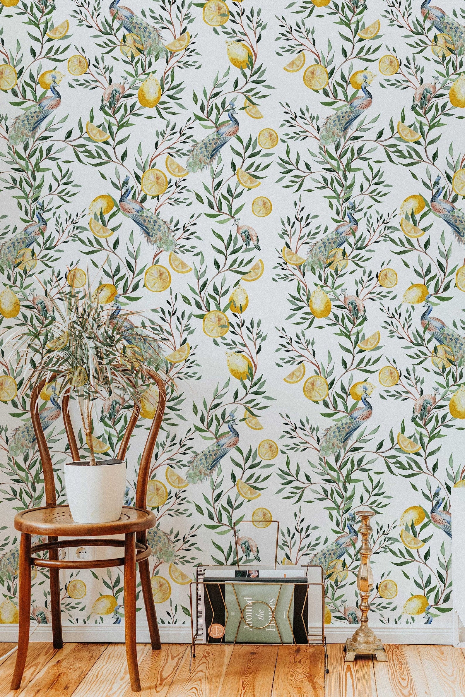Chinoiserie Wallpaper | Peel and Stick or Traditional | Watercolor Peacock with Tree Wall Mural | Self Adhesive Floral Wallpaper | Removable - Clickwalls