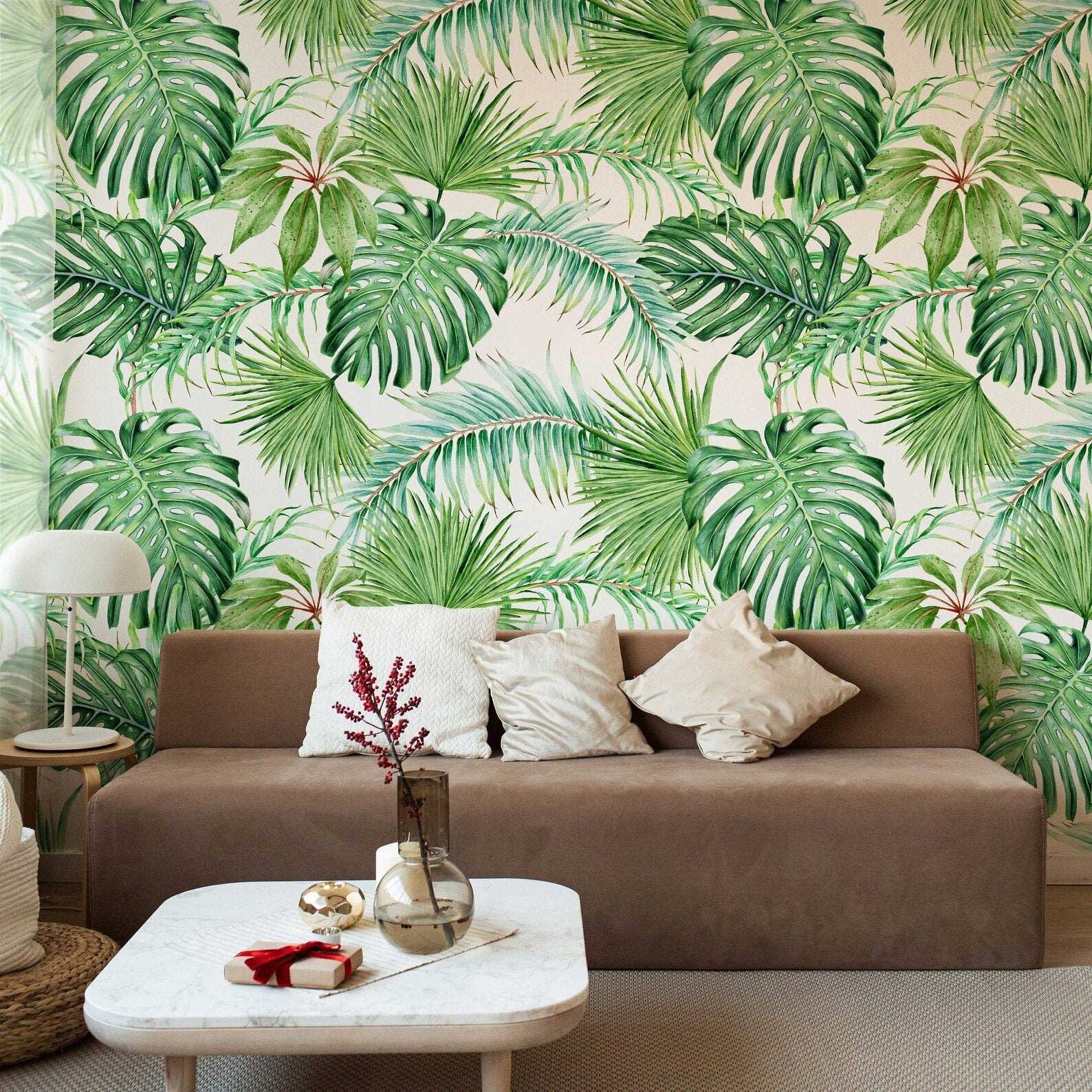 Tropical Leaves Peel and Stick Wallpaper | Removable Monstera Palms Mural | Eco Friendly Wall Decor - Clickwalls