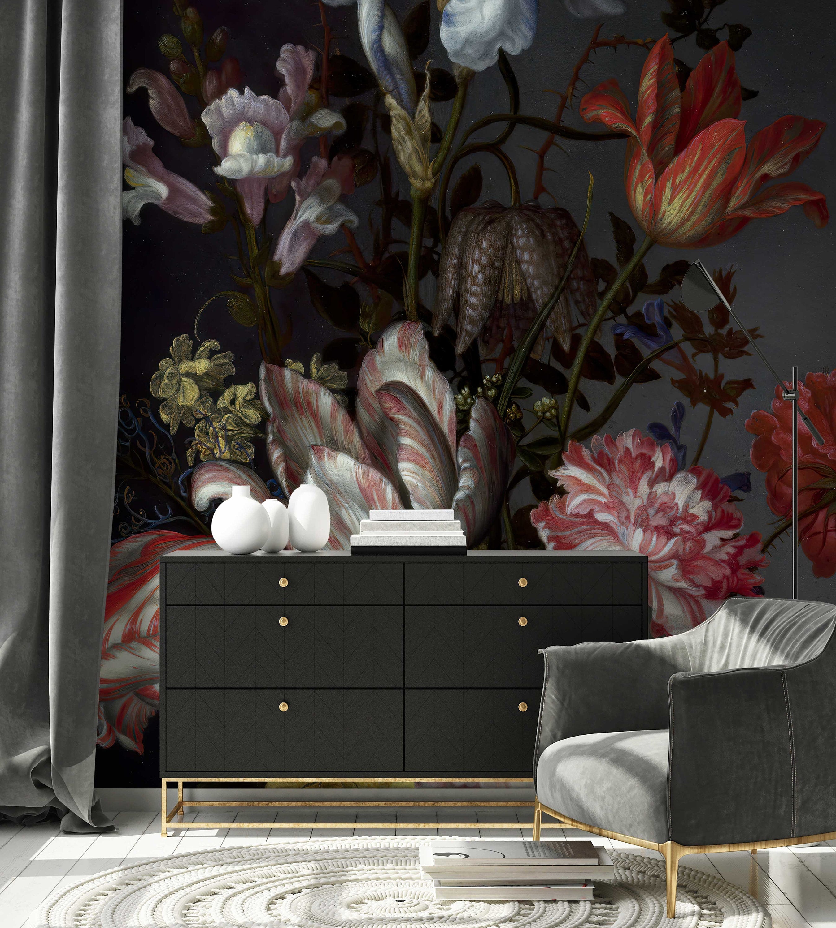 Dutch Dark Classic Floral Removable Wallpaper | Wall mural | Peel and Stick | Floral Wallpaper | Self Adhesive | Temporary mural - Clickwalls