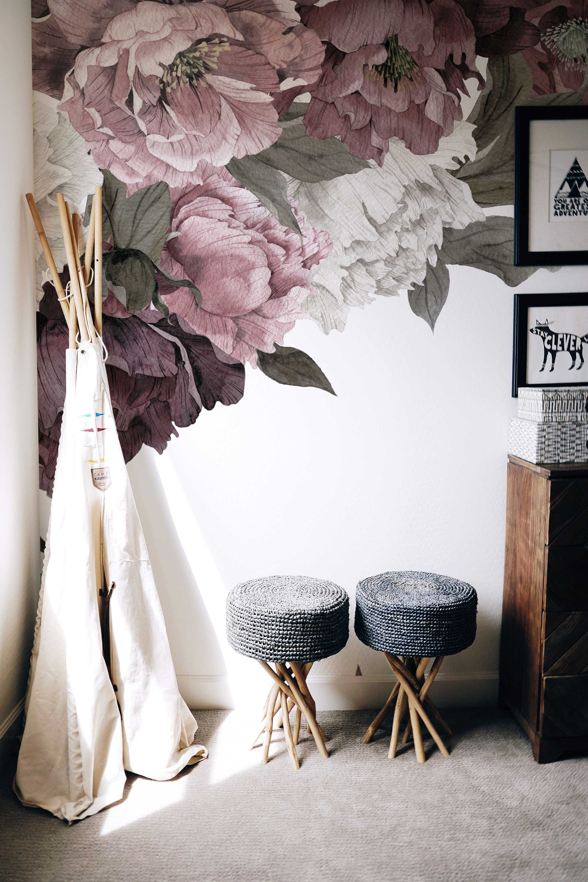 Classic Peonies Wall Art | Removable Wallpaper | Peony Bouquet | Floral Wall Mural | Peony Painting Wall Sticker | Floral Decal | Flower - Clickwalls