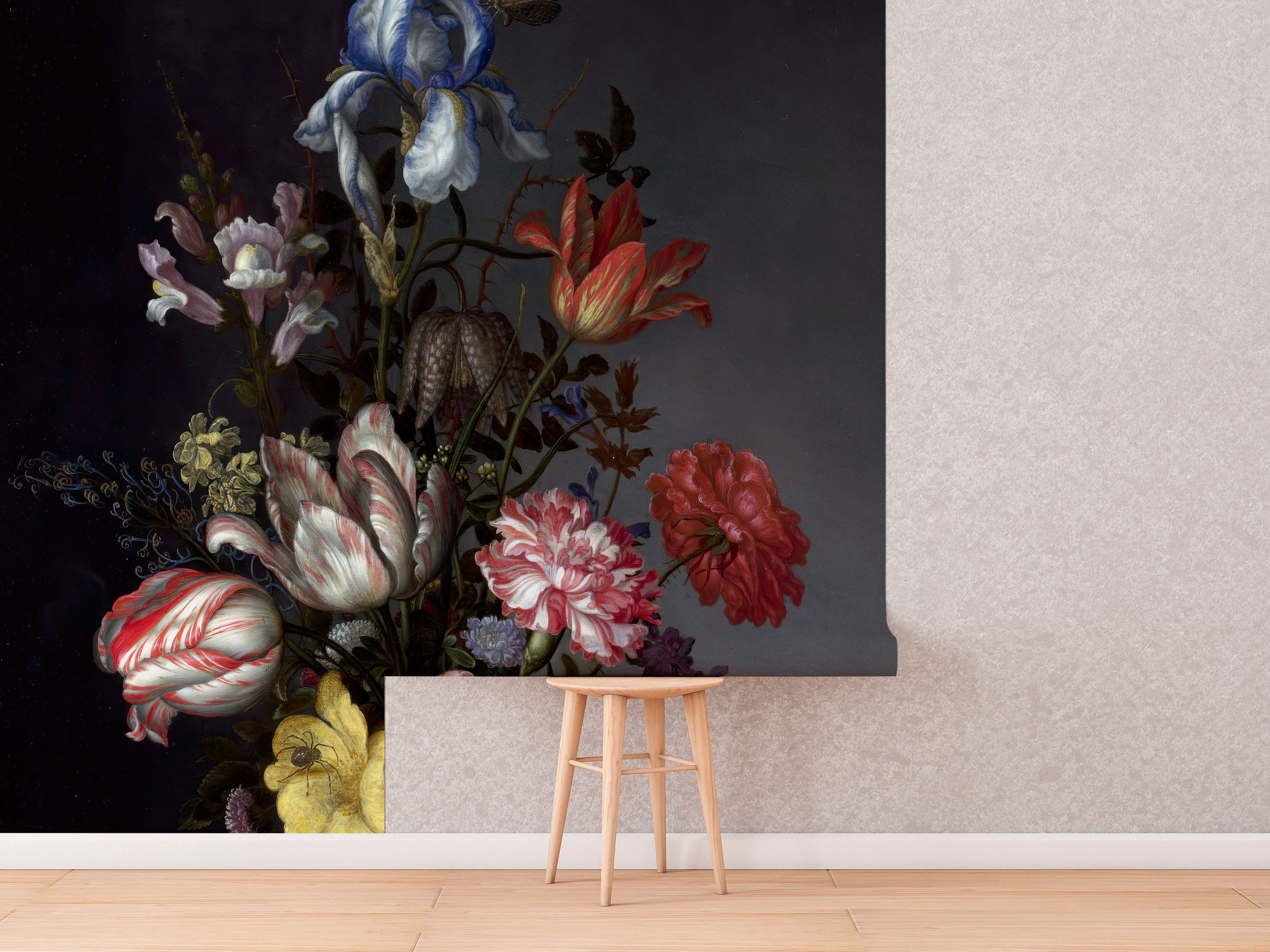 Dutch Dark Classic Floral Removable Wallpaper | Wall mural | Peel and Stick | Floral Wallpaper | Self Adhesive | Temporary mural - Clickwalls